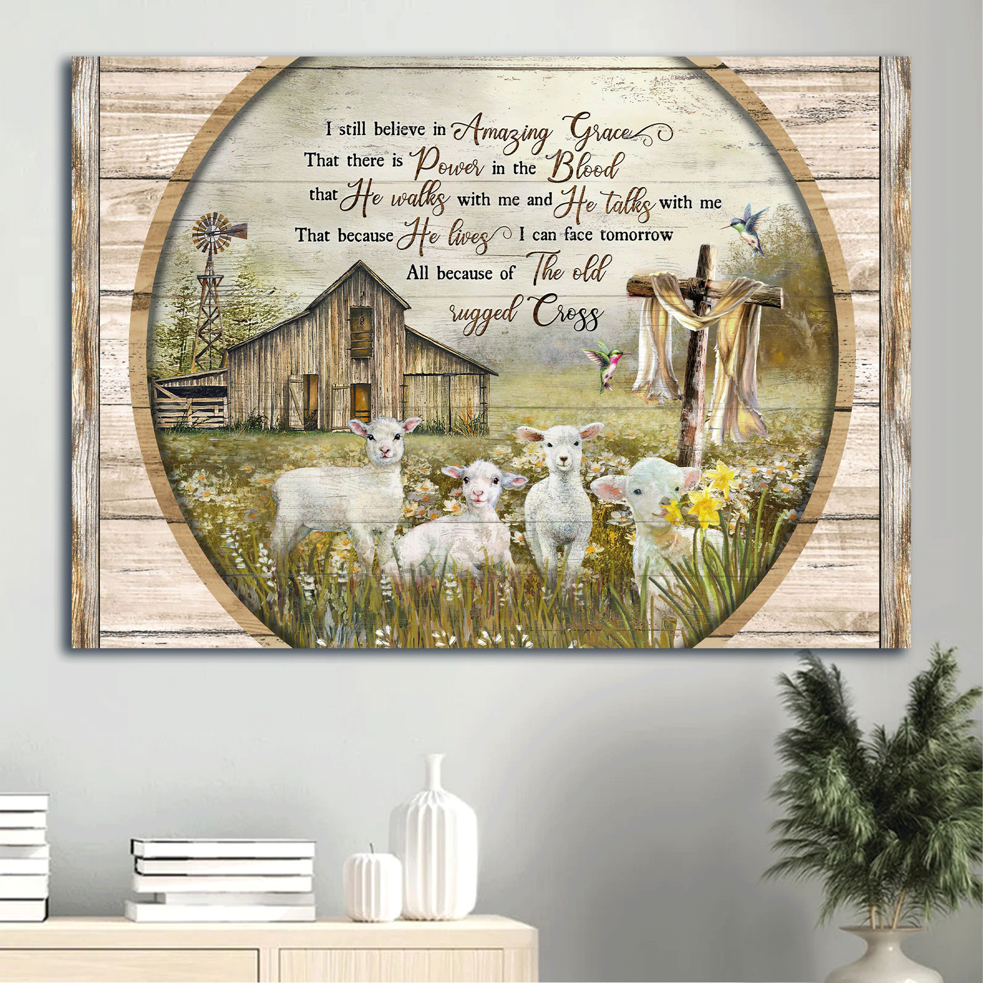 Jesus Landscape Canvas - Old barn house, Lambs of God, Grassland painting Landscape Canvas - Gift For Christian - I still believe in Amazing Grace Landscape Canvas