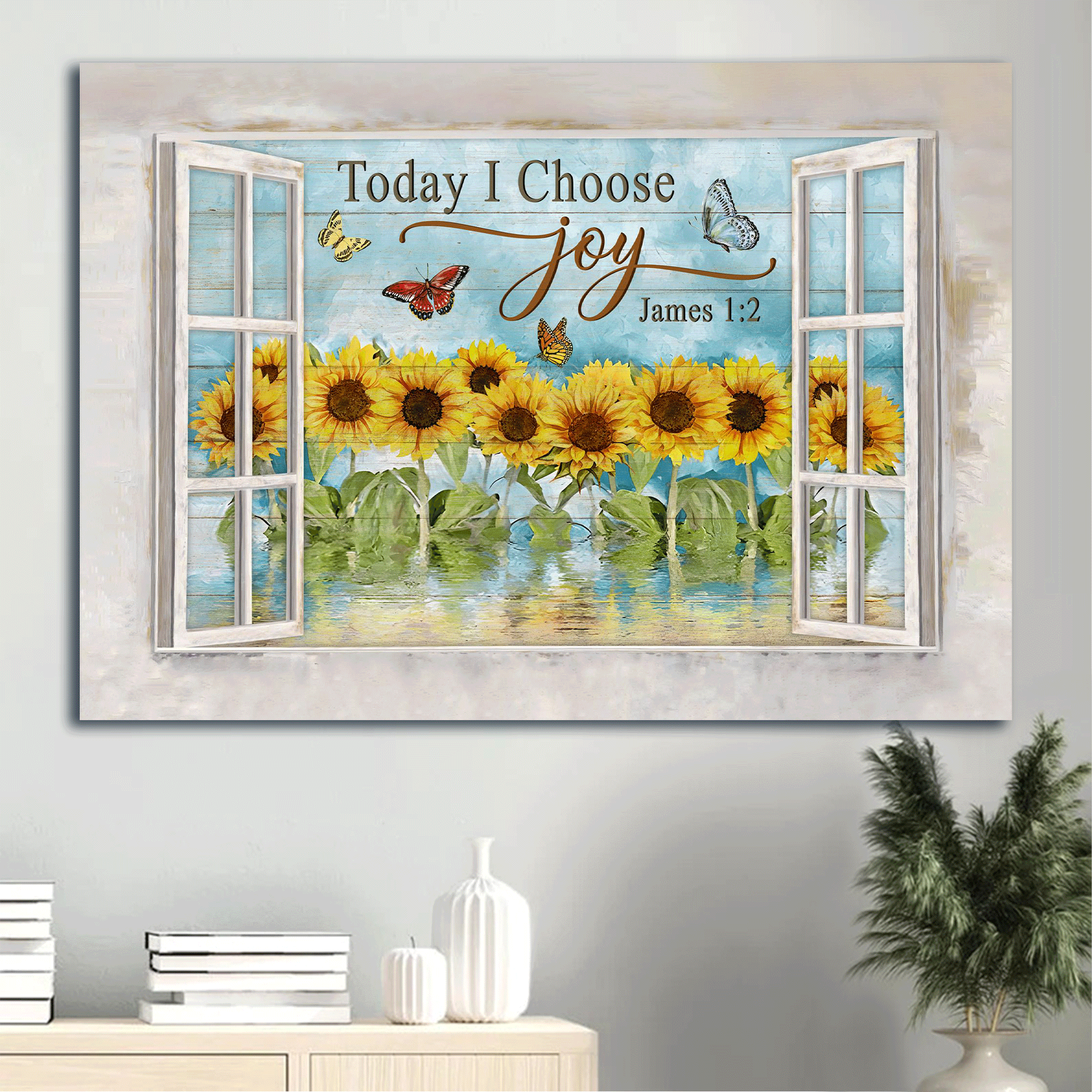 Jesus Landscape Canvas - Beautiful sunflower garden, Watercolor butterfly, Vintage art Landscape Canvas - Gift For Christian - Today I choose joy