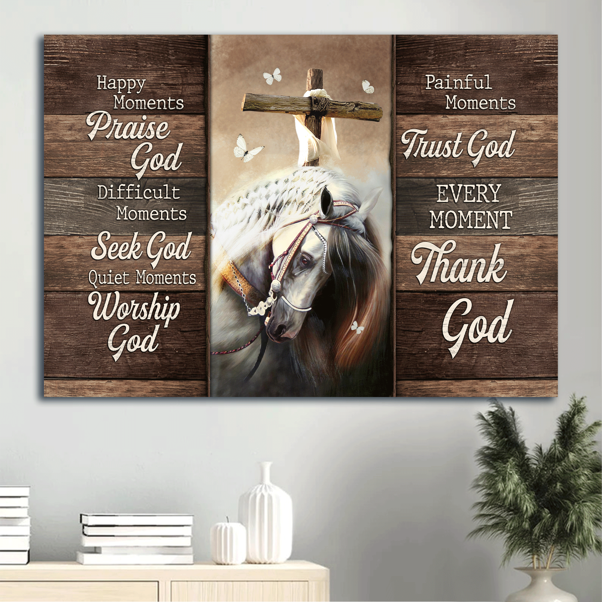 Jesus Landscape Canvas- Awesome Horse Painting, Lovely White Butterfly, Wooden Cross Canvas- Gift For Christian- Every Moment Thank God