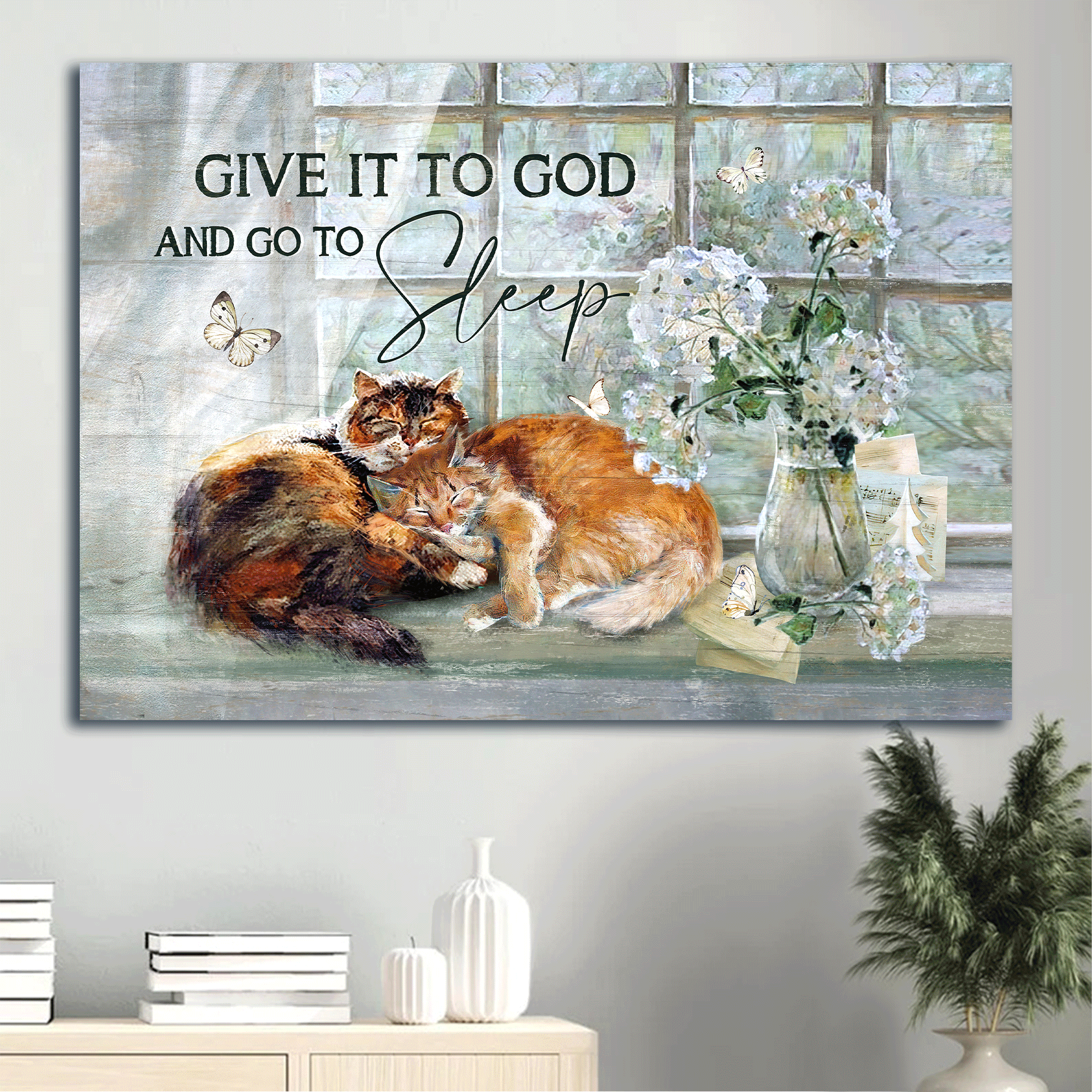 Jesus Landscape Canvas - White Hydrangea, Sleeping Cat, Spring Garden Canvas - Gift For Christian, Cat Lovers - Give It To God Canvas