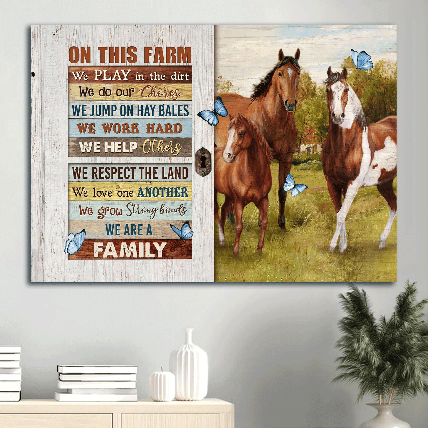 Jesus Landscape Canvas- Beautiful horse drawing, Green meadow, Blue butterfly canvas- Gift for Christian- On this farm we play in the dirt