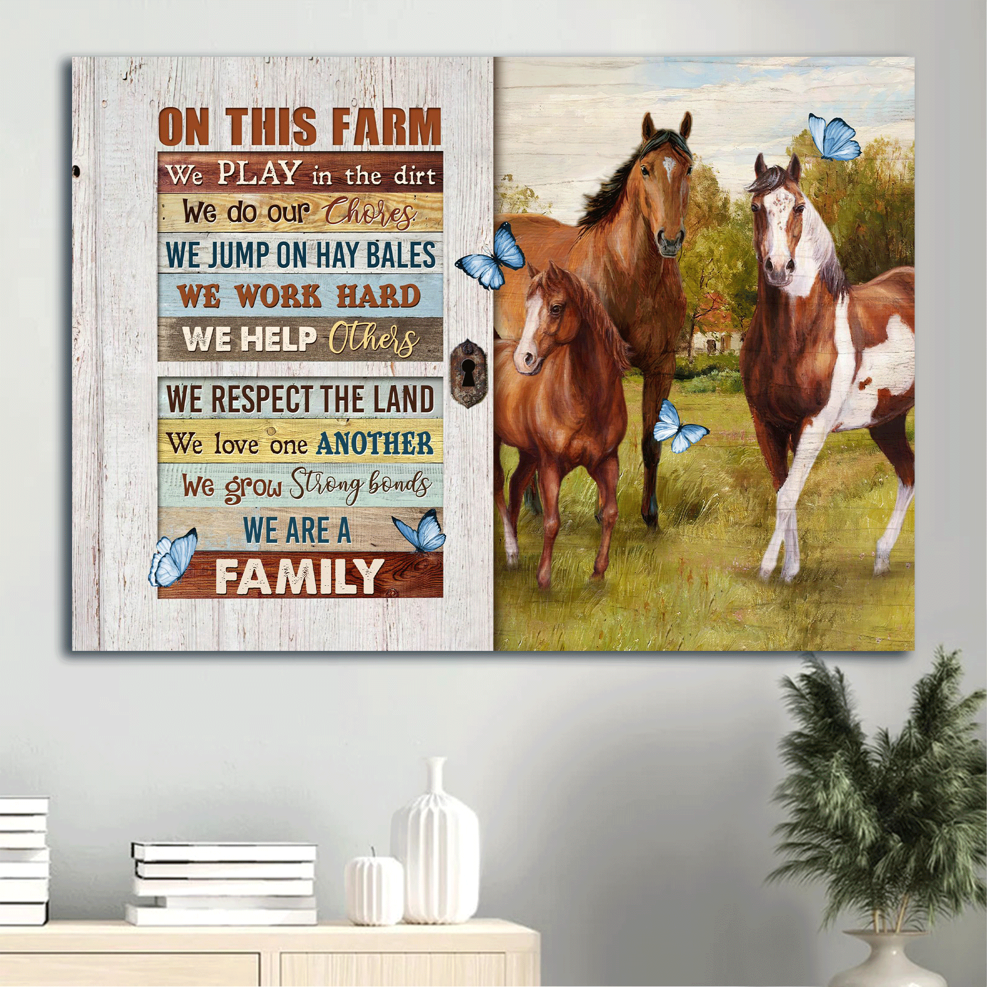 Jesus Landscape Canvas- Beautiful horse drawing, Green meadow, Blue butterfly canvas- Gift for Christian- On this farm we play in the dirt