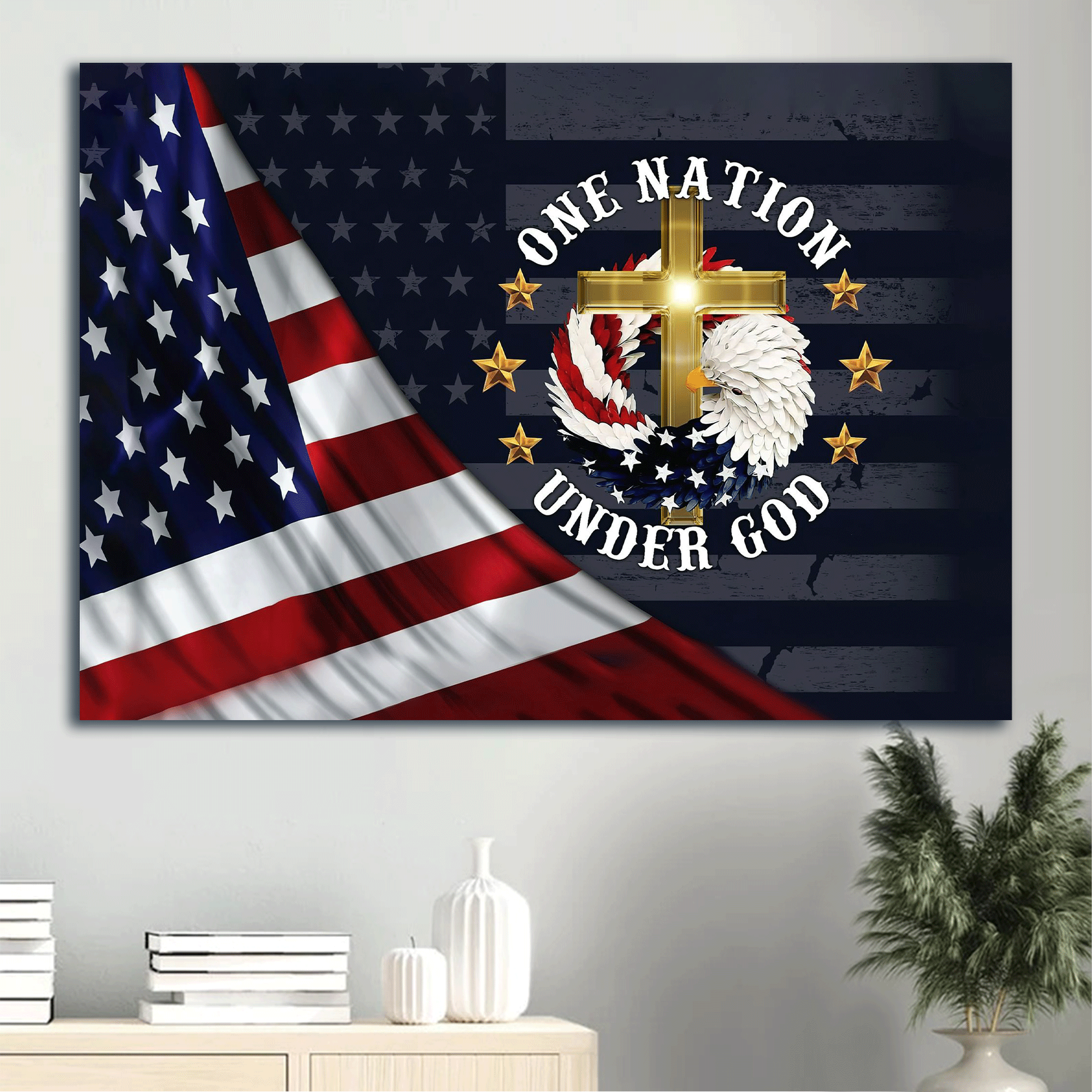 Jesus Landscape Canvas - Us Flag, American Bald Eagle, Cross Canvas - Gift For Christian - Amazing Nation Under God Canvas