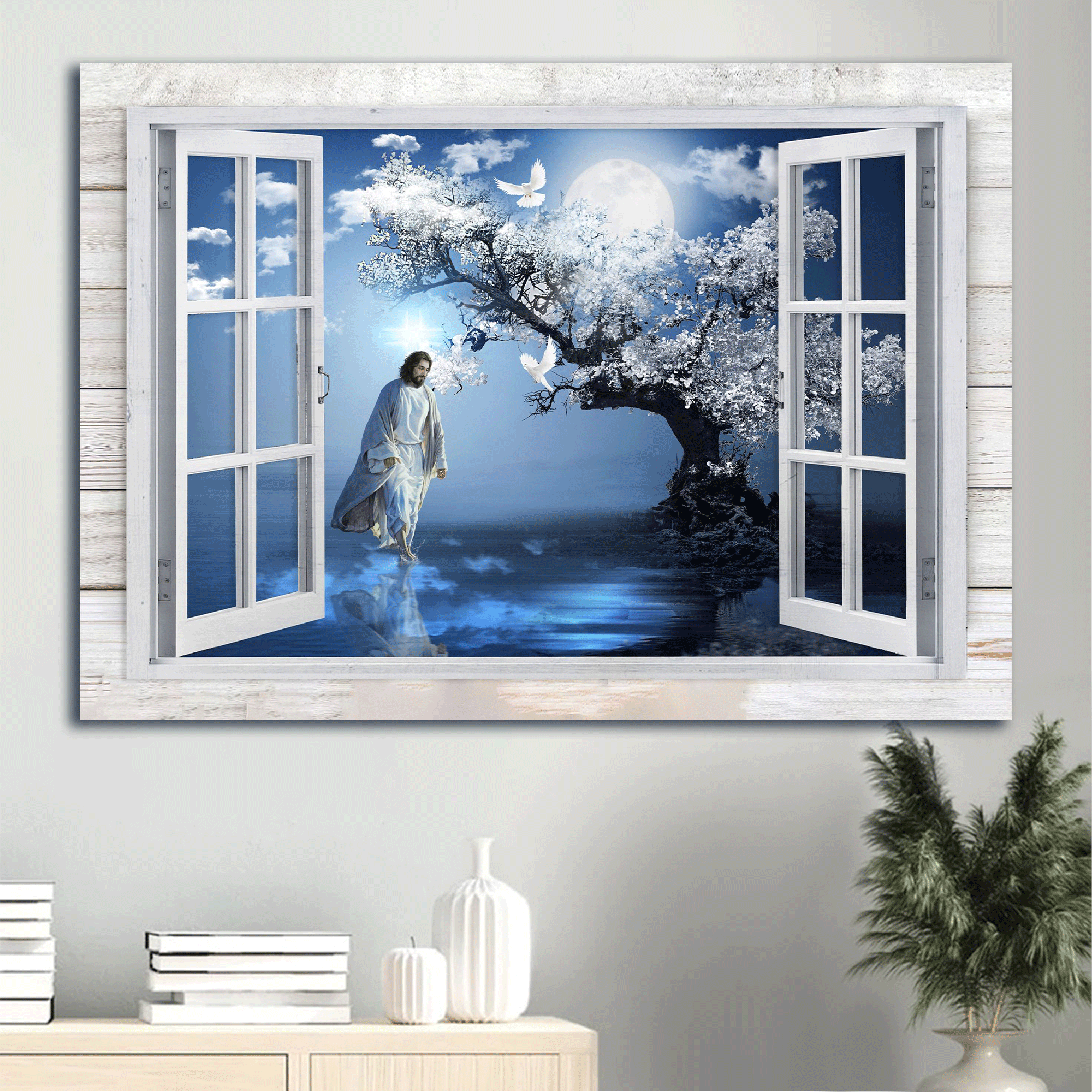 Jesus Landscape Canvas- Blue night, Magic tree, Full moon, White dove, Walking with Jesus canvas- Gift for Christian - Landscape Canvas Prints, Christian Wall Art