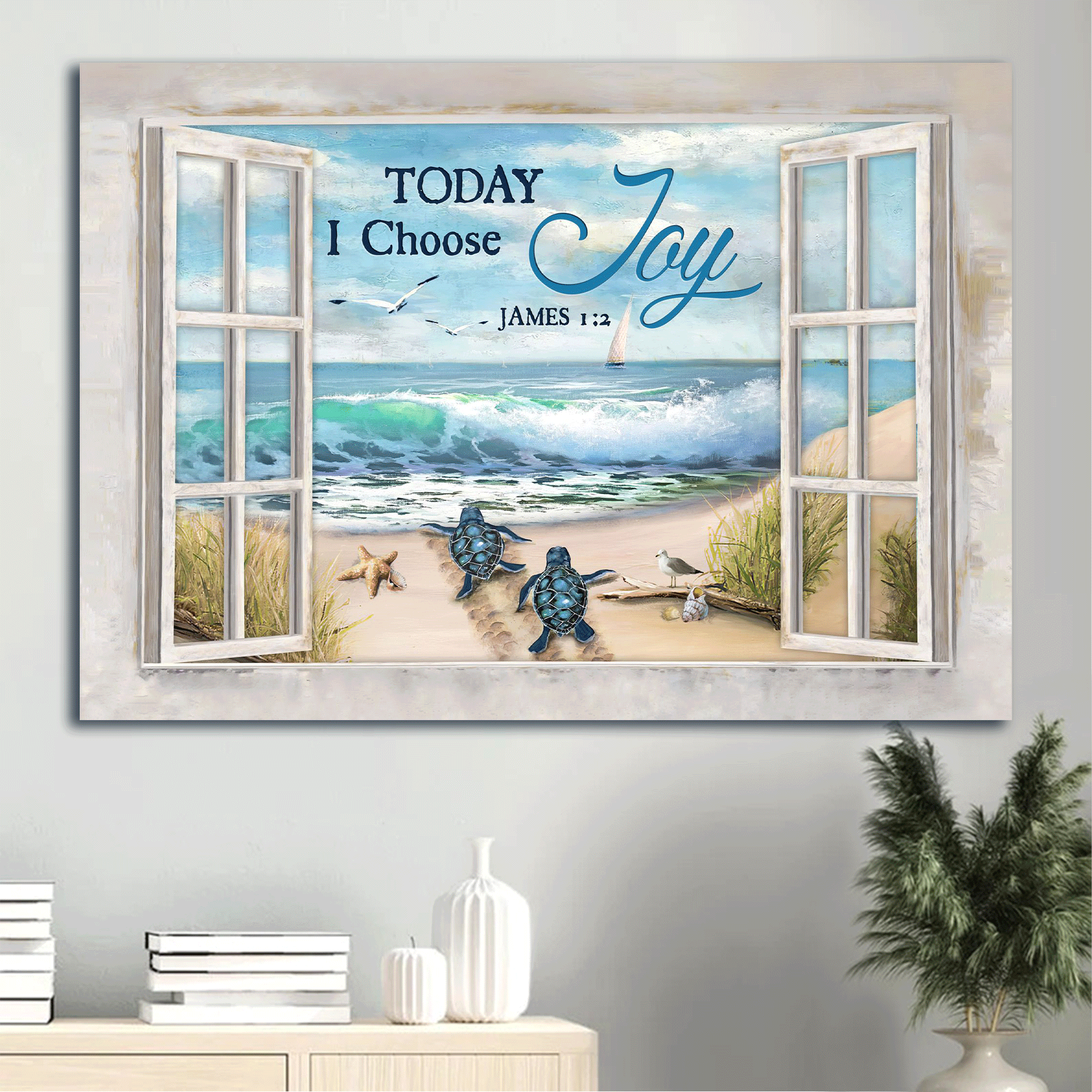 Jesus Landscape Canvas - Turtle, Beach, Seagull Canvas - Gift For Christian - Today I Choose Joy Canvas