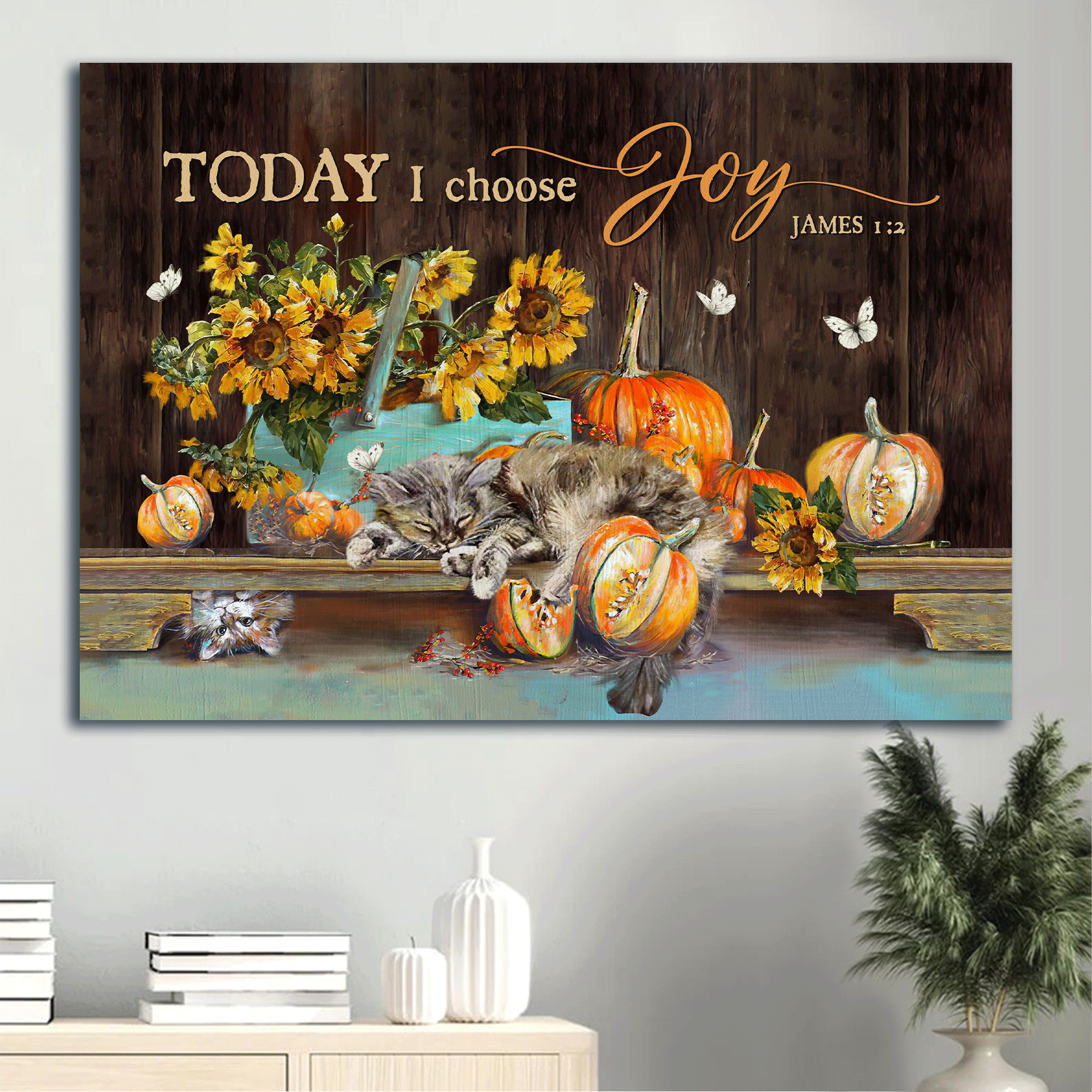Jesus Landscape Canvas - Sleeping cat, Watercolor pumpkin, Sunflower drawing, Today I choose joy canvas- Gift for Christian , cat lover - Landscape Canvas Prints, Christian Wall Art