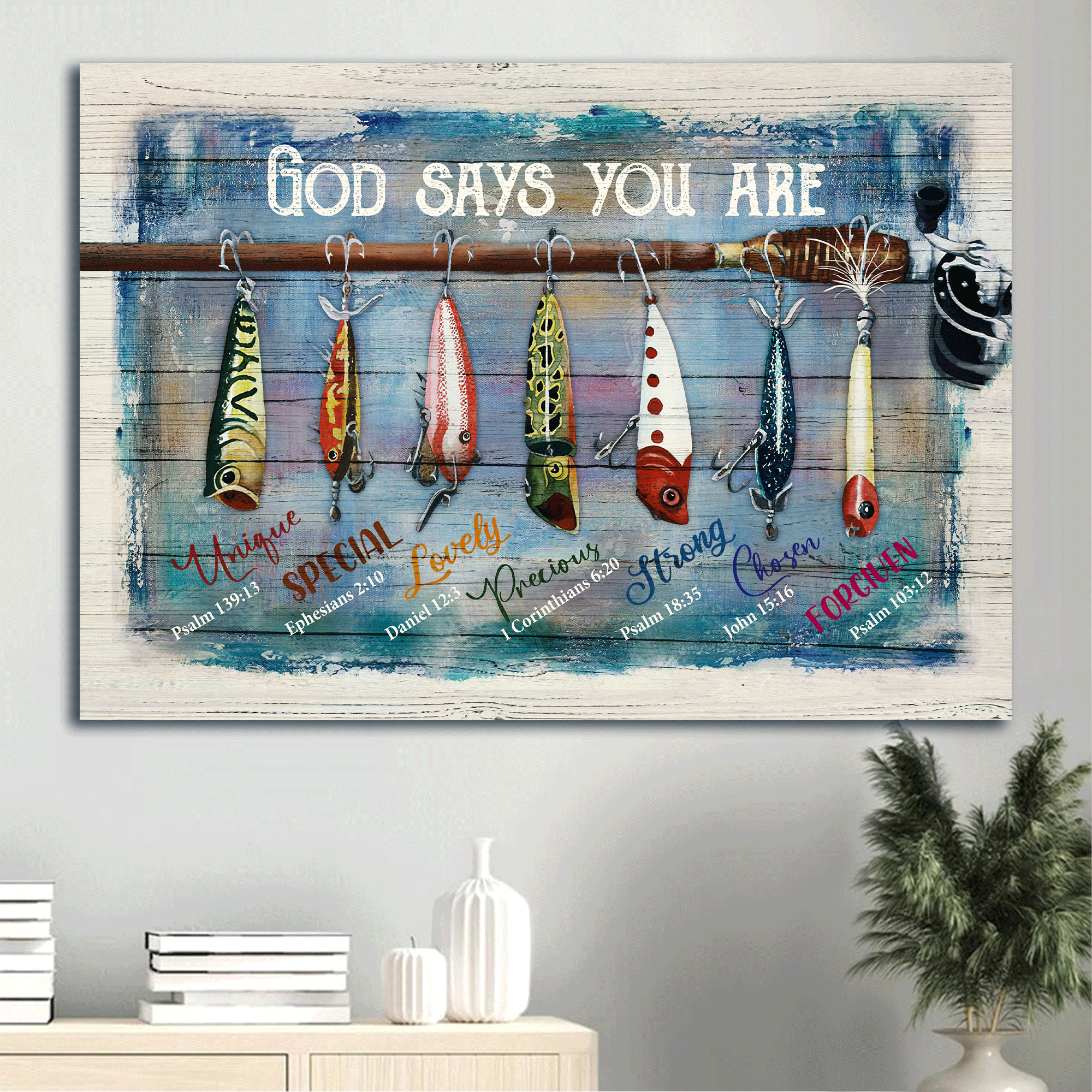 Jesus Landscape Canvas- Beautiful Fish, Hook, Fishing Rod Landscape Canvas- Gift For Christian- God Says You Are