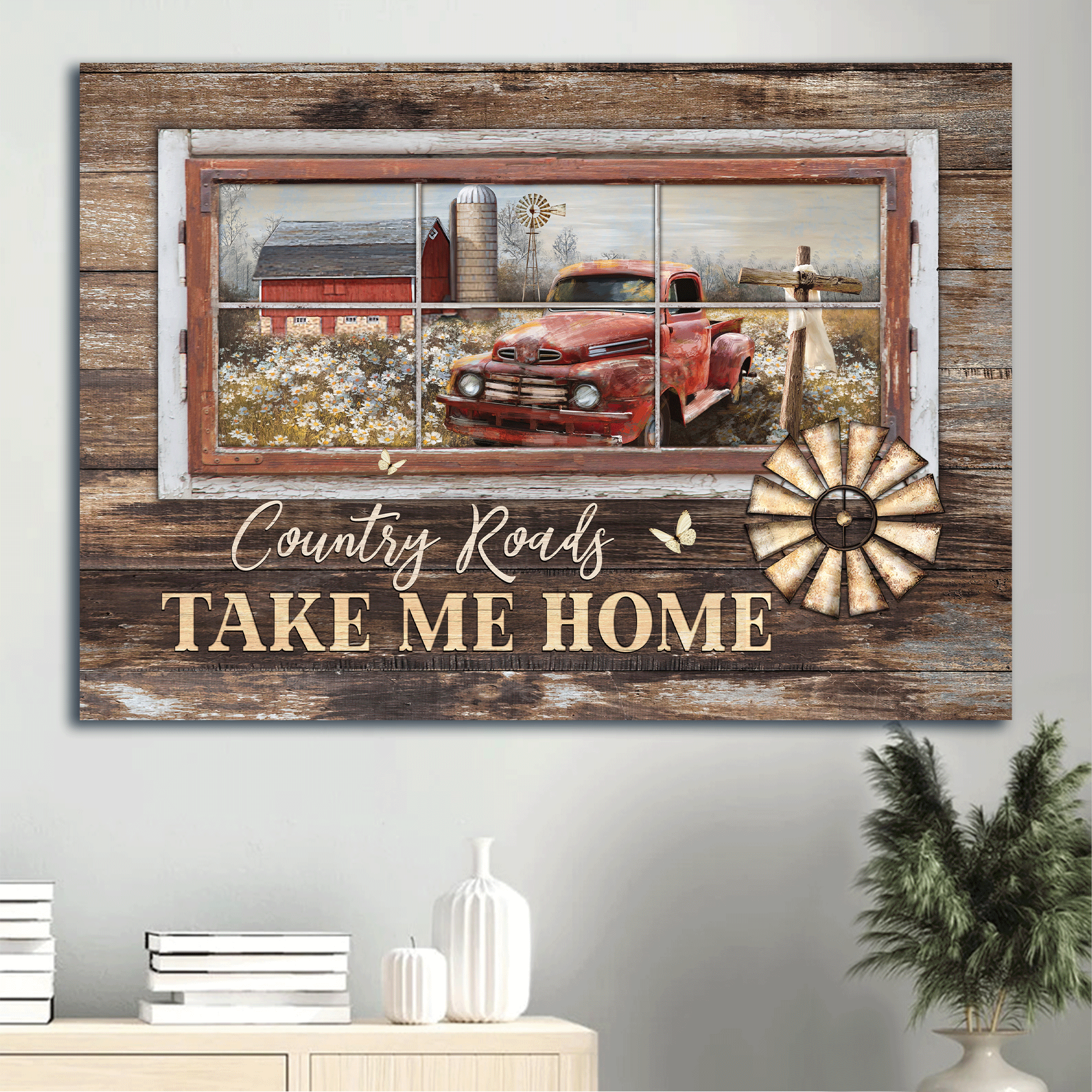 Jesus Landscape Canvas - Old red truck, Wooden cross, Tranquil flower field Landscape Canvas - Gift For Christian - Country roads take me home Landscape Canvas