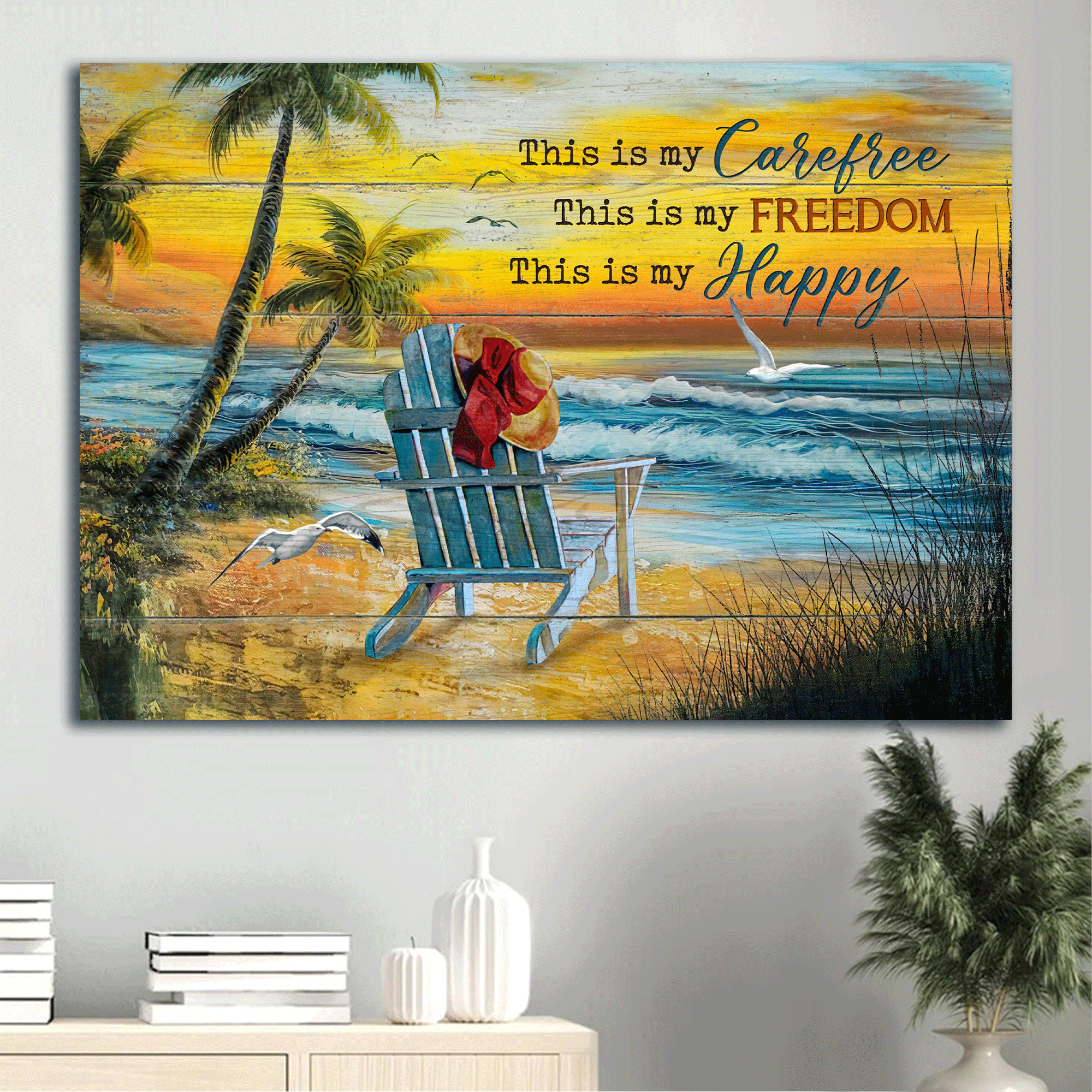 Jesus Landscape Canvas- Beach Chair, Floppy Hat, Sunset Beach, Seagull Landscape Canvas- Gift For Christian- This Is My Carefree