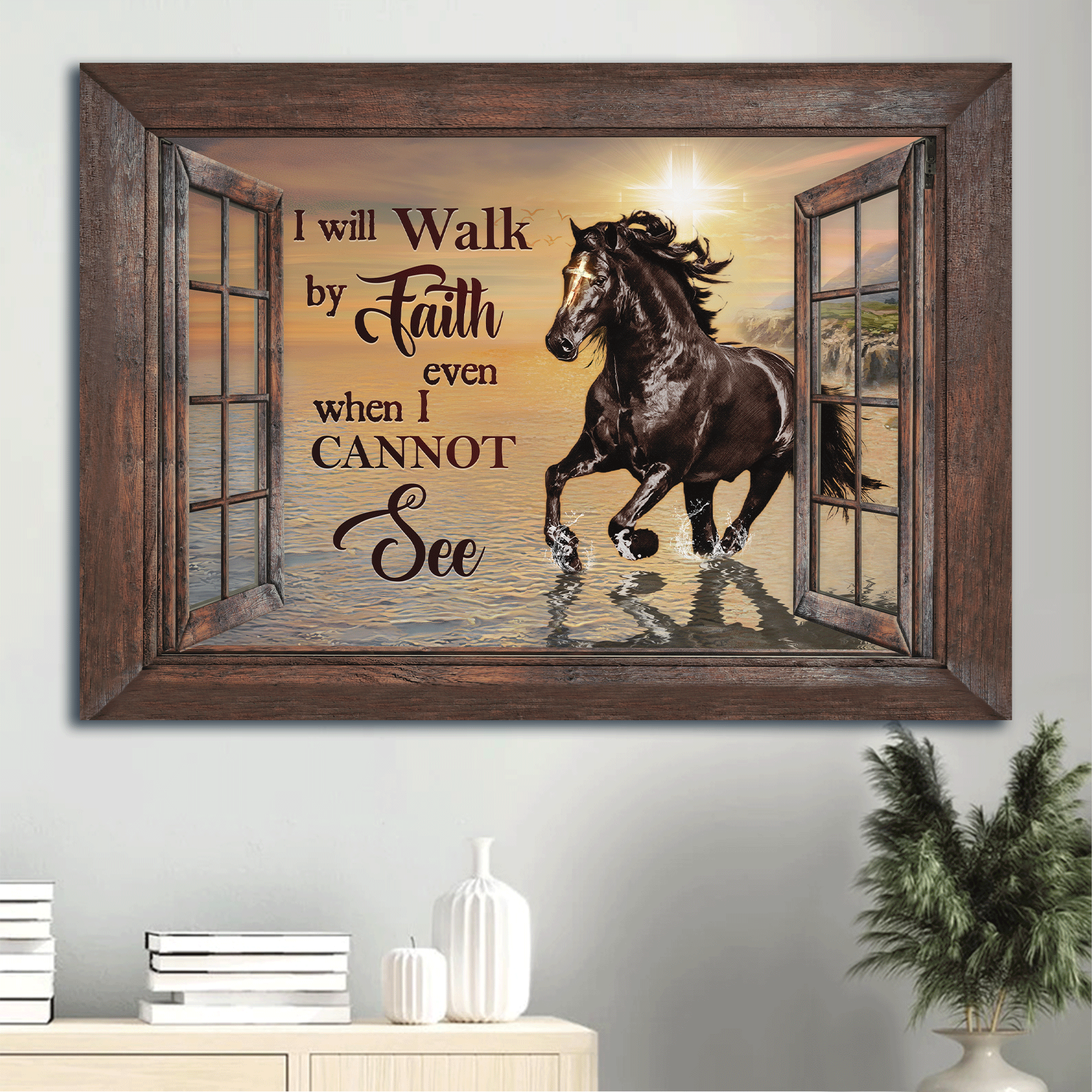 Jesus Landscape Canvas- Black horse, Gift for horse lover, Pretty sunset canvas- Gift for Christian- I will walk by faith - Landscape Canvas Prints, Christian Wall Art