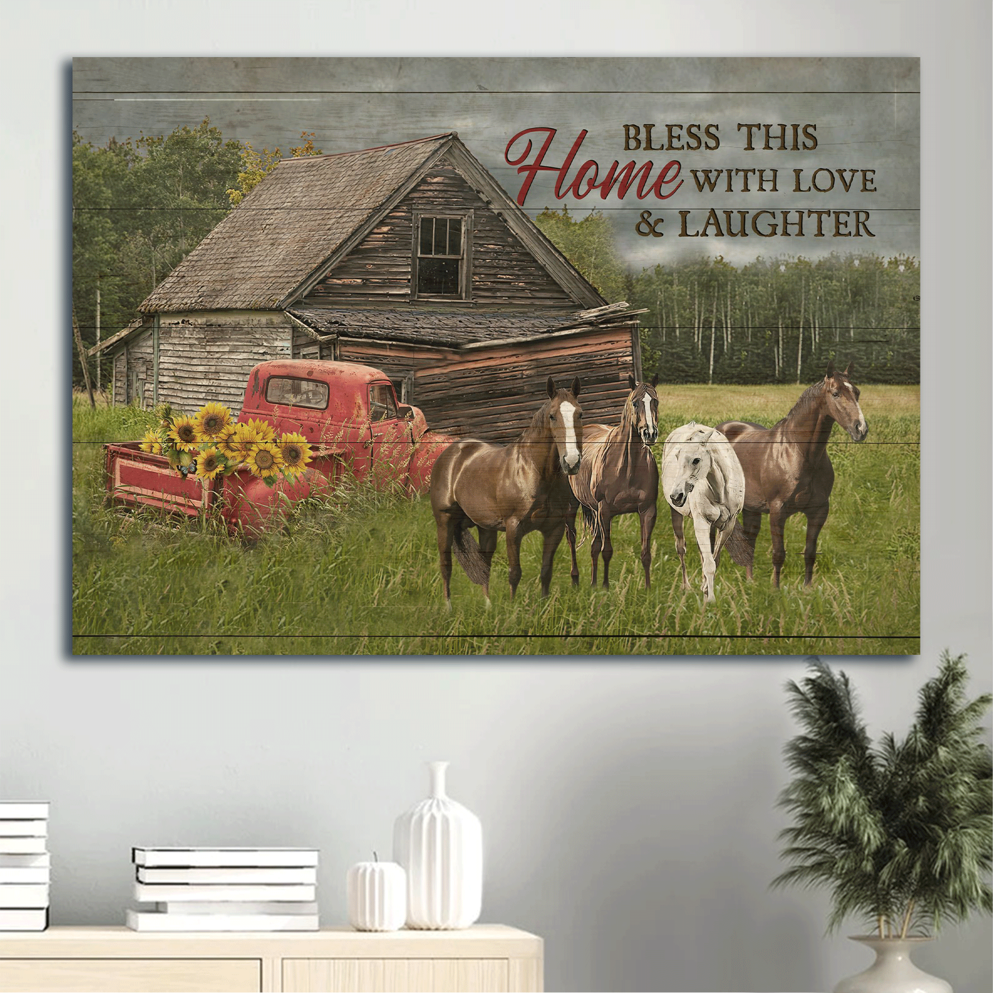 Jesus Landscape Canvas- Beautiful horse, Meadow land, Ladybug car canvas- Gift for Christian- Bless this home