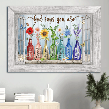 Jesus Landscape Canvas- Beautiful flowers, Rainbow color, Colored glass bottles, Butterfly canvas- Gift for Christian- God says you are