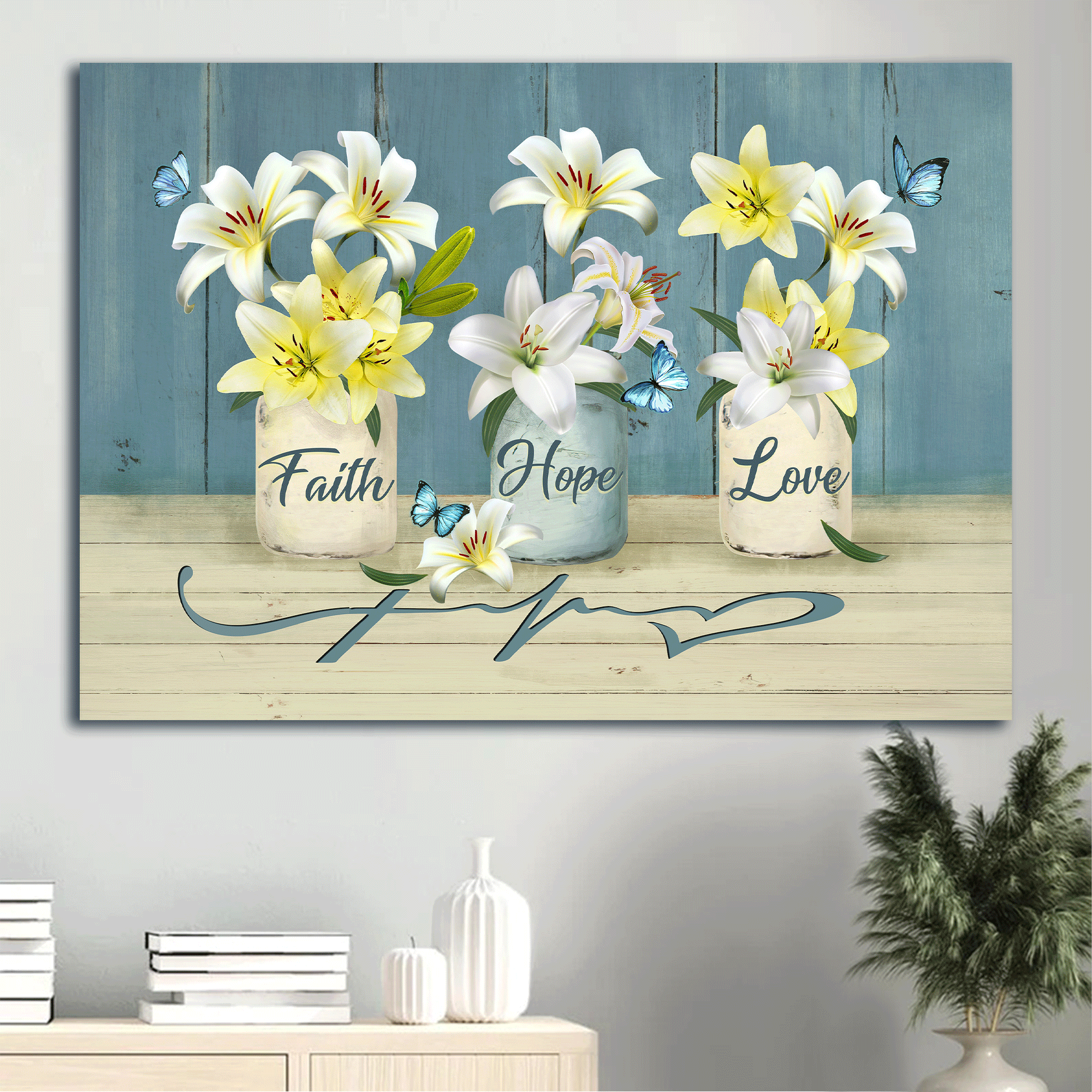 Jesus Landscape Canvas - White Lily Drawing, Blue Butterfly Canvas - Gift For Christian - Faith Hope Love Canvas