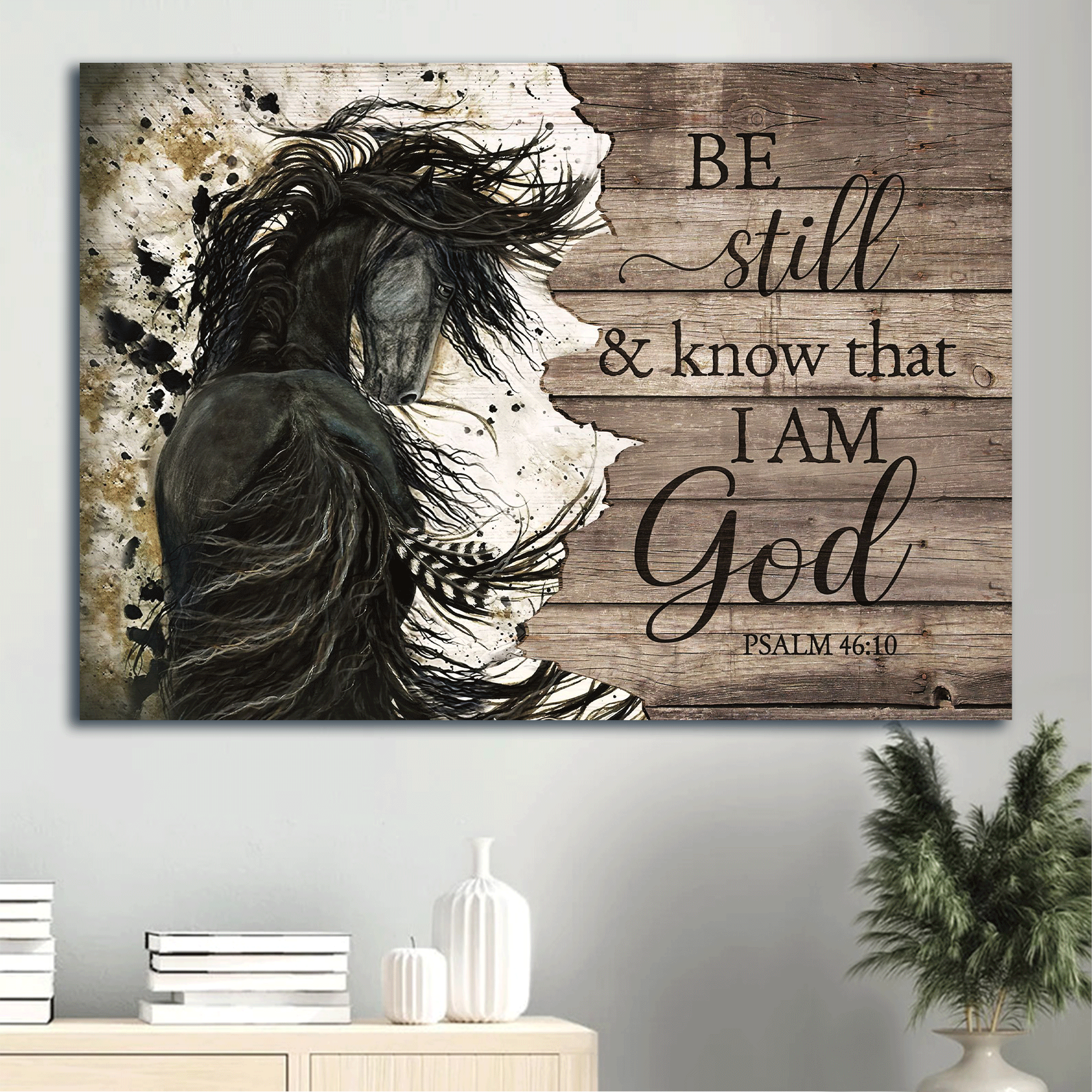 Jesus Landscape Canvas- Black horse, Jesus drawing, Wooden frame canvas- Gift for Christian- Be still and know that I am God - Landscape Canvas Prints, Christian Wall Art