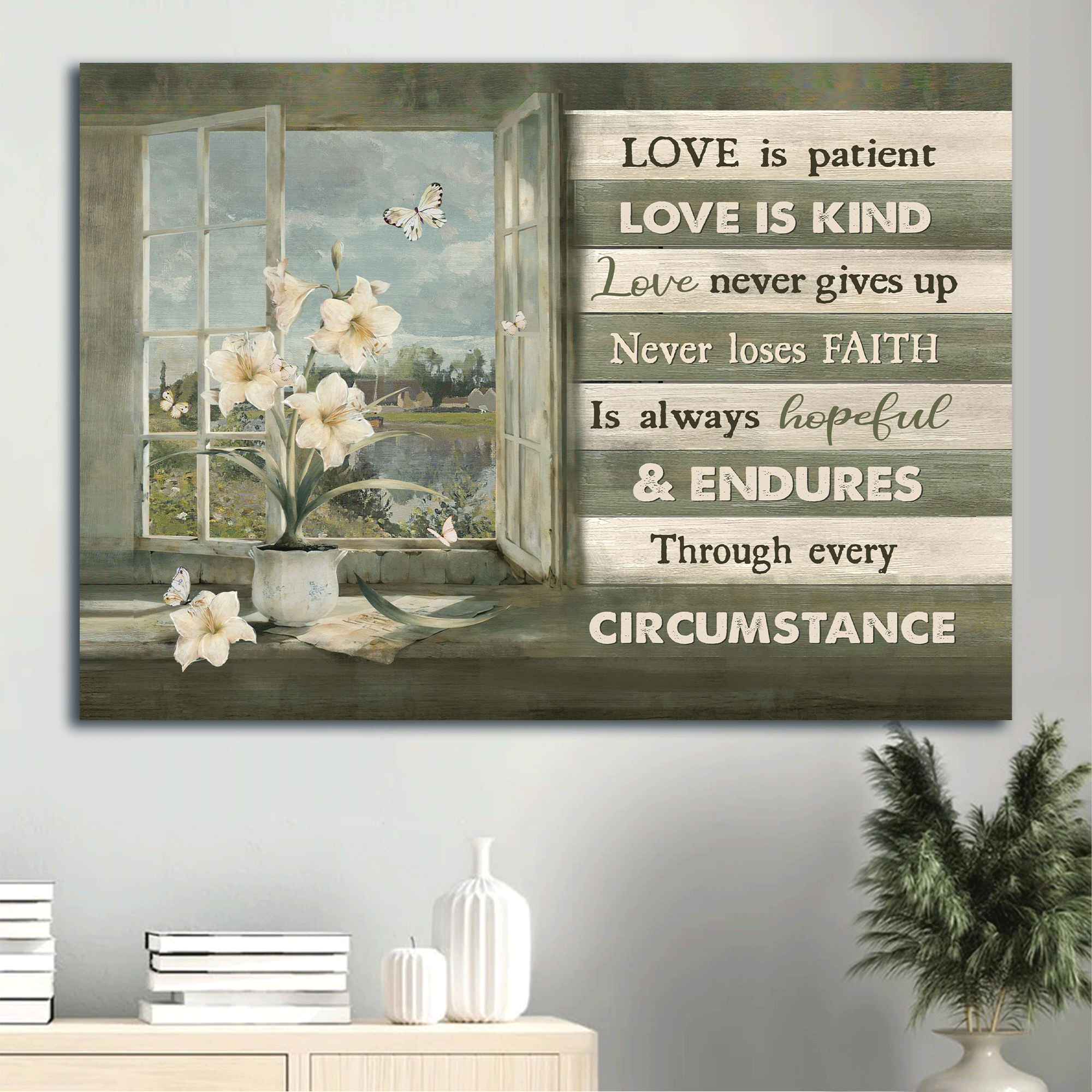 Jesus Landscape Canvas - White Lily Drawing, Butterfly, Green Background Canvas - Gift For Christian - Love Is Patient Love Is Kind Canvas