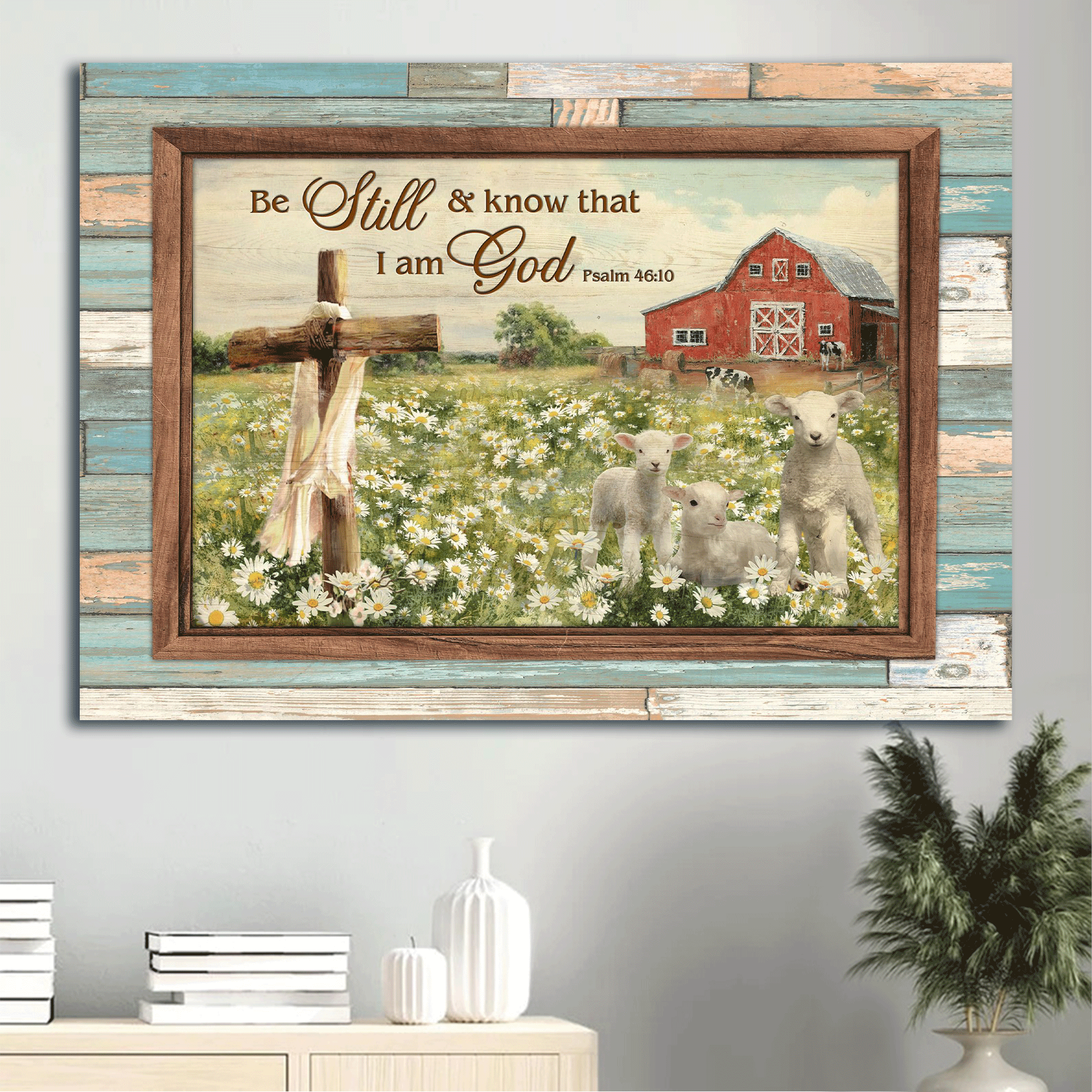 Jesus Landscape Canvas - White Sheep, Daisy Field, Wooden Cross Canvas - Gift For Christian - Be Still And Know That I Am God Canvas