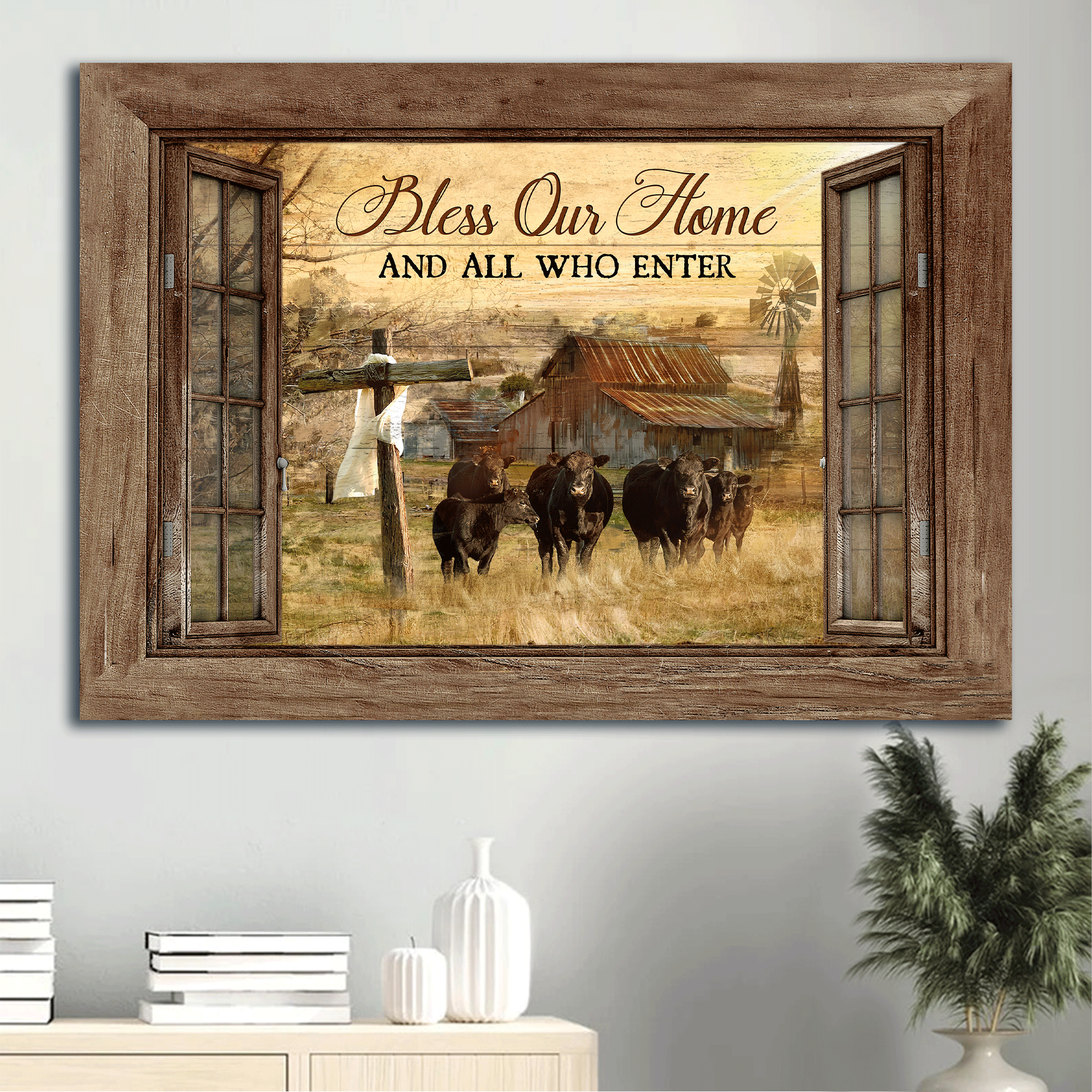 Jesus Landscape Canvas - Cow, Tranquil farm, Wooden cross- Gift for Christian - Bless on home who are enter - Landscape Canvas Prints, Wall Art