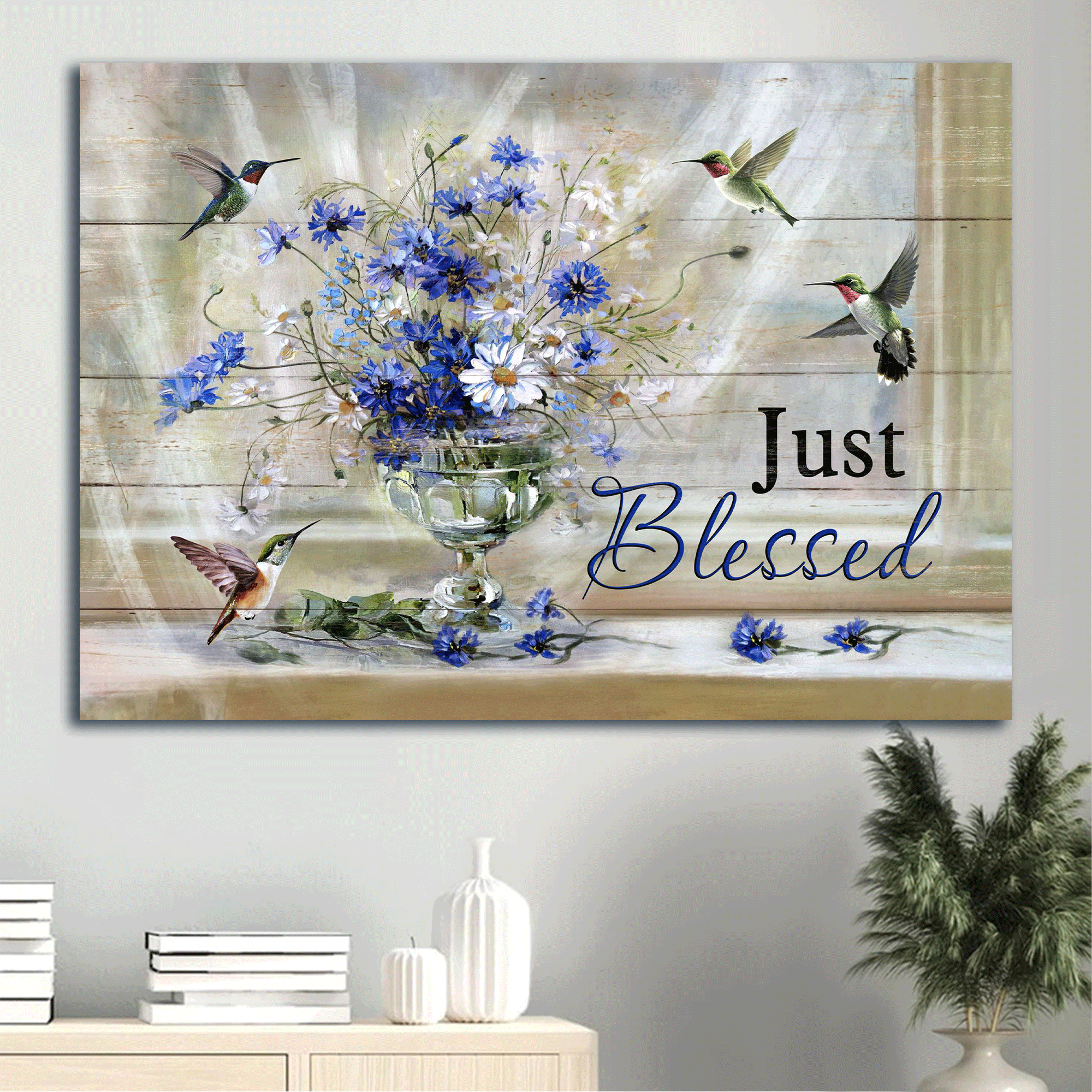 Jesus Landscape Canvas- Blue daisy, Daisy flower, Hummingbirds, Just blessed canvas- Gift for Christian- Landscape Canvas Prints, Christian Wall Art