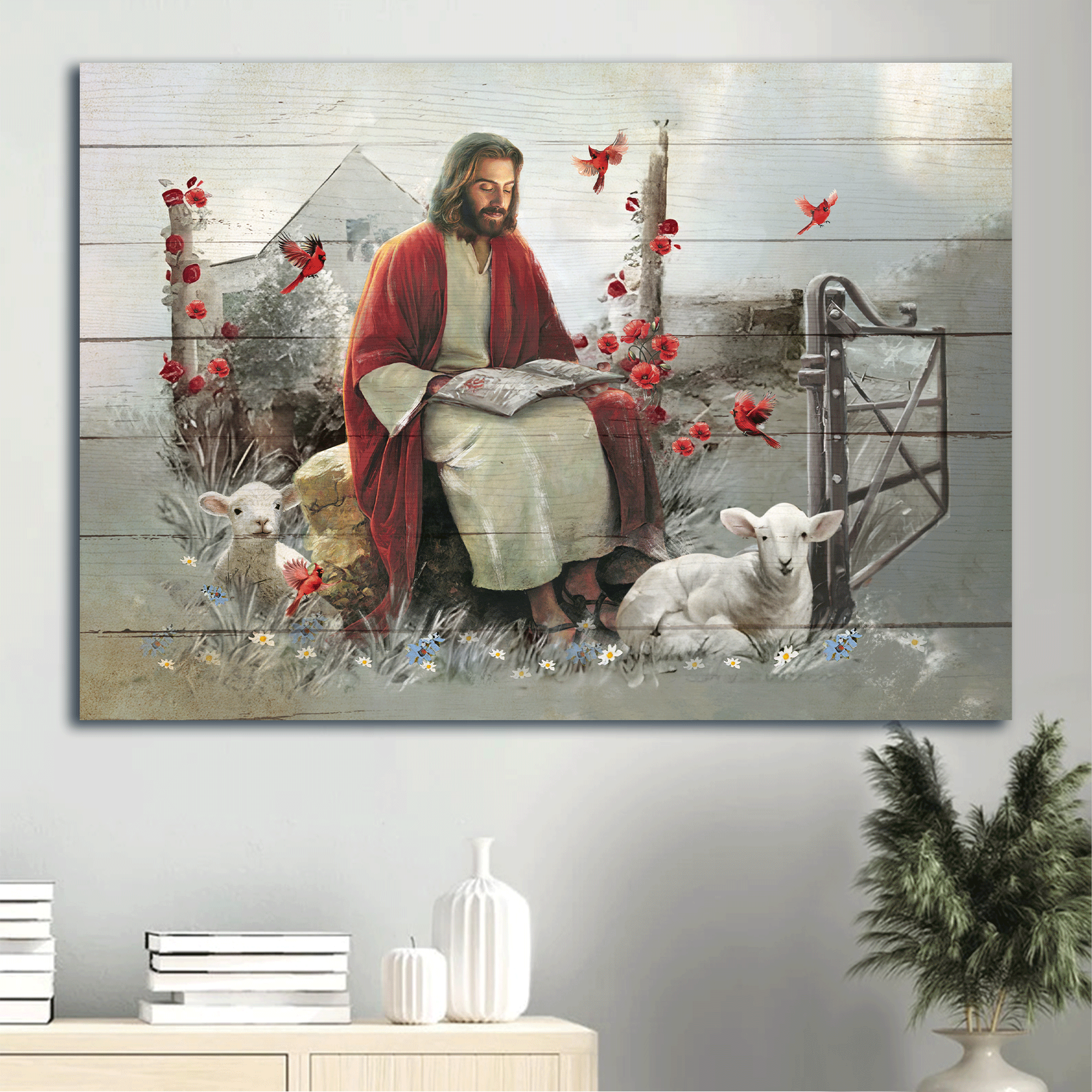 Jesus Landscape Canvas - Lamb of God, Red cardinal, Rustic garden God Landscape Canvas - Inspirational gift, Gift For Religious Christian