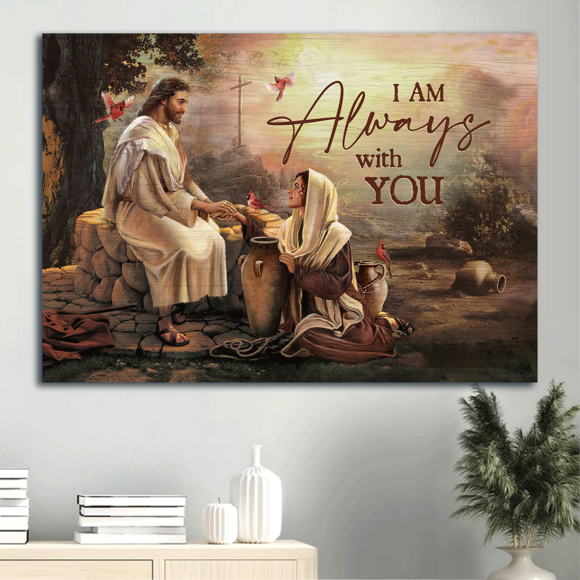 Jesus Landscape Canvas - The Life Of Jesus, Dear Maria, Red Cardinal Canvas - Gift For Christian - I Am Always With You Canvas