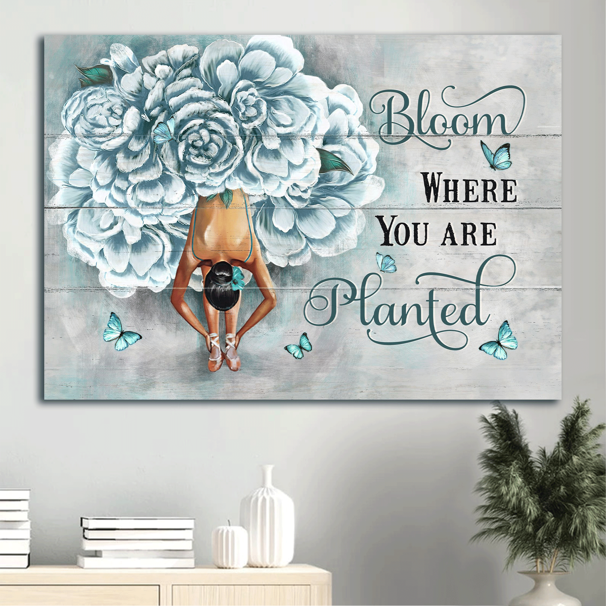 Jesus Landscape Canvas - Blue flower dress, Ballet drawing, Butterfly Landscape Canvas - Gift For Christian - Bloom where you are planted Landscape Canvas