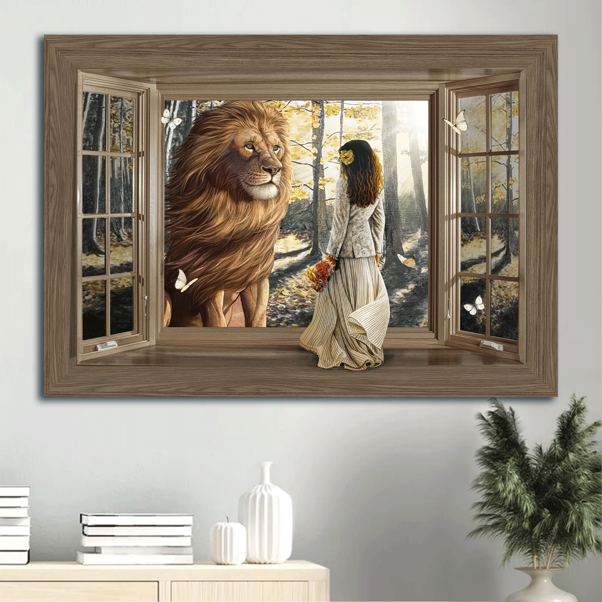 Jesus Landscape Canvas - Beautiful lion, Wooden window, Pretty girl, Sunny day Landscape Canvas - Gift For Christian