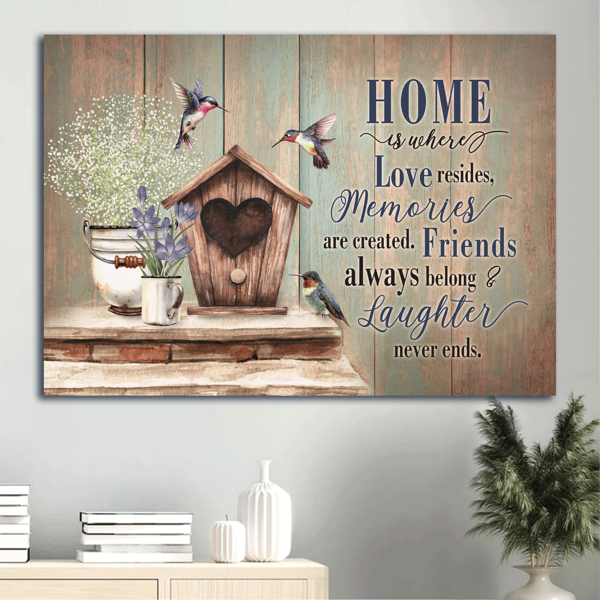 Jesus Landscape Canvas- Birdhouse, Hummingbird, Vintage flower canvas- Gift for Christian- Home is where love resides - Landscape Canvas Prints, Christian Wall Art