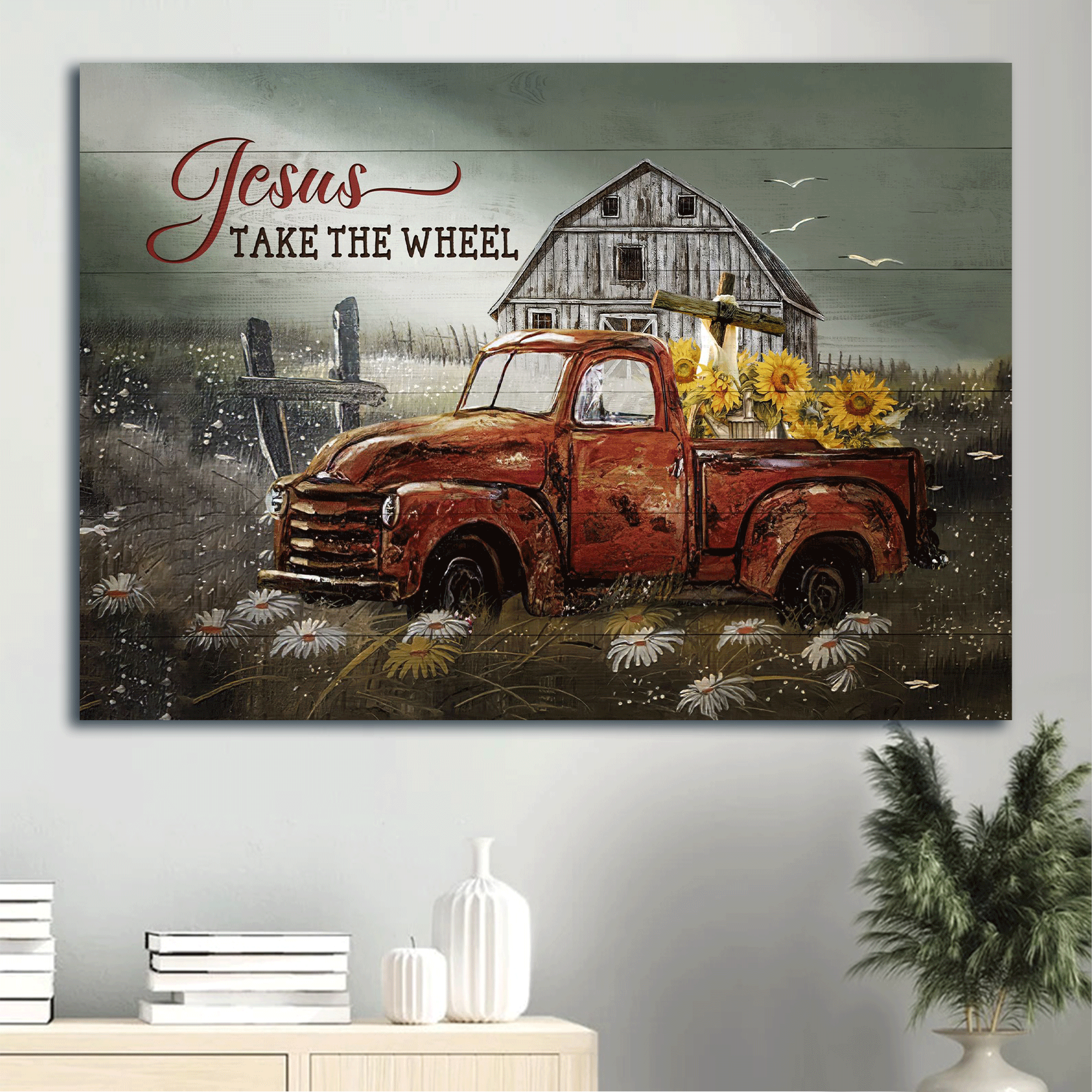 Jesus Landscape Canvas - Old ladybug car, Stunning drawing, Sunflower Landscape Canvas - Gift For Christian - Jesus take the wheel Landscape Canvas