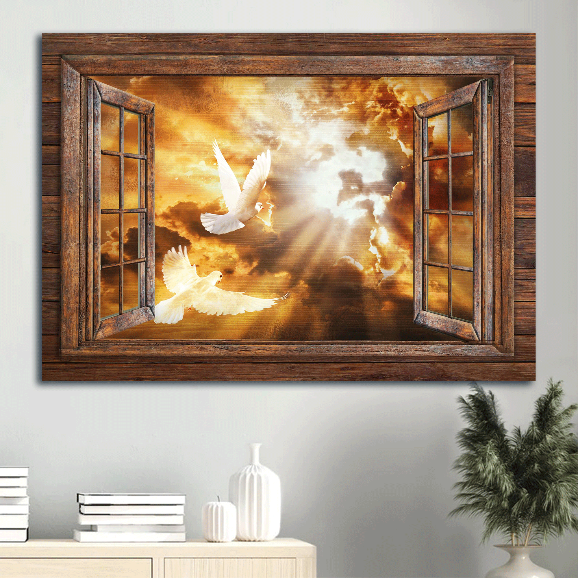 Jesus Landscape Canvas - Stunning Sunset, White Dove Drawing, Infinite Halo, Wooden Window Canvas - Gift For Christian