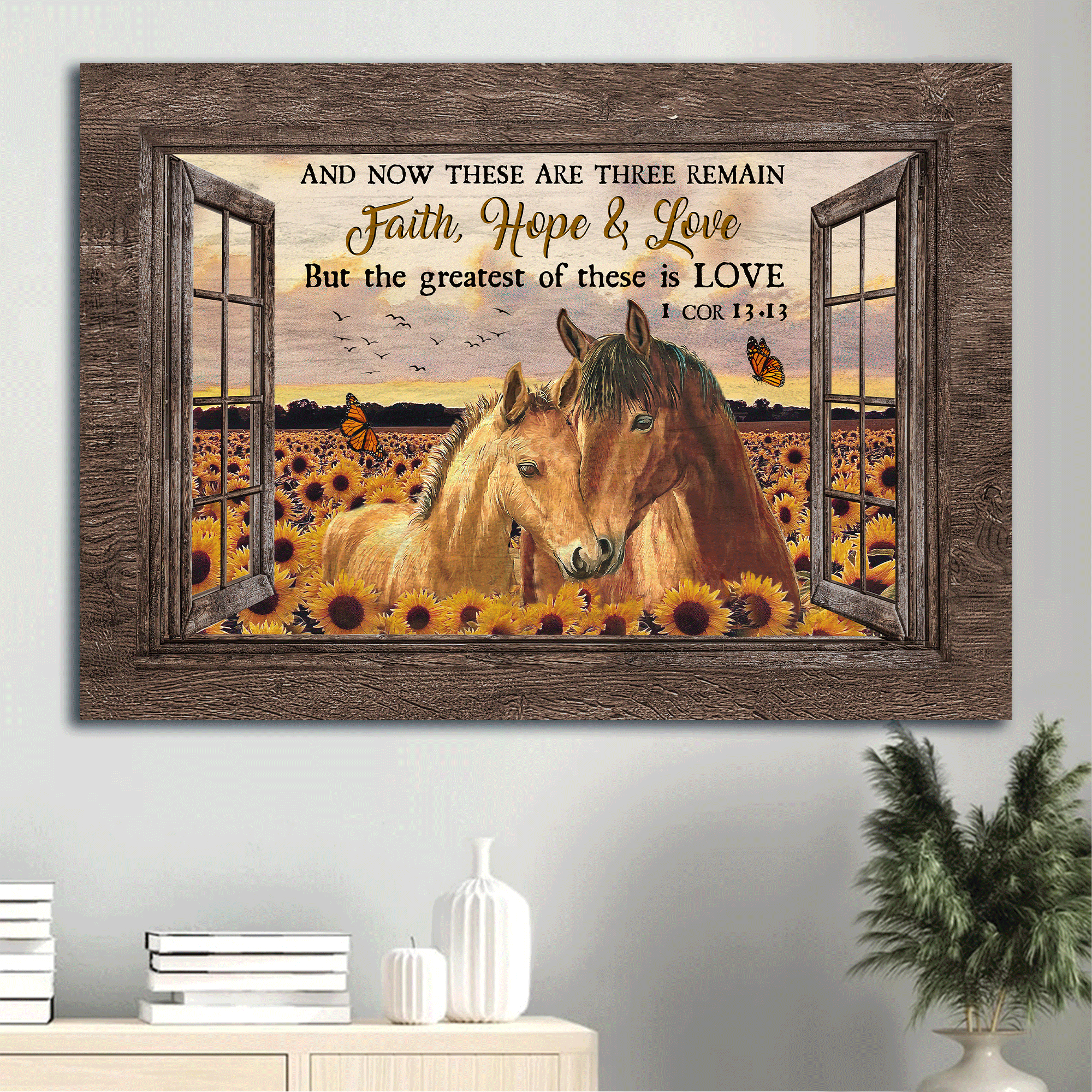 Jesus Landscape Canvas- Beautiful horses, Sunflower field, Pretty sunset, Orange butterfly canvas- Gift for Christian-The greatest of these is love