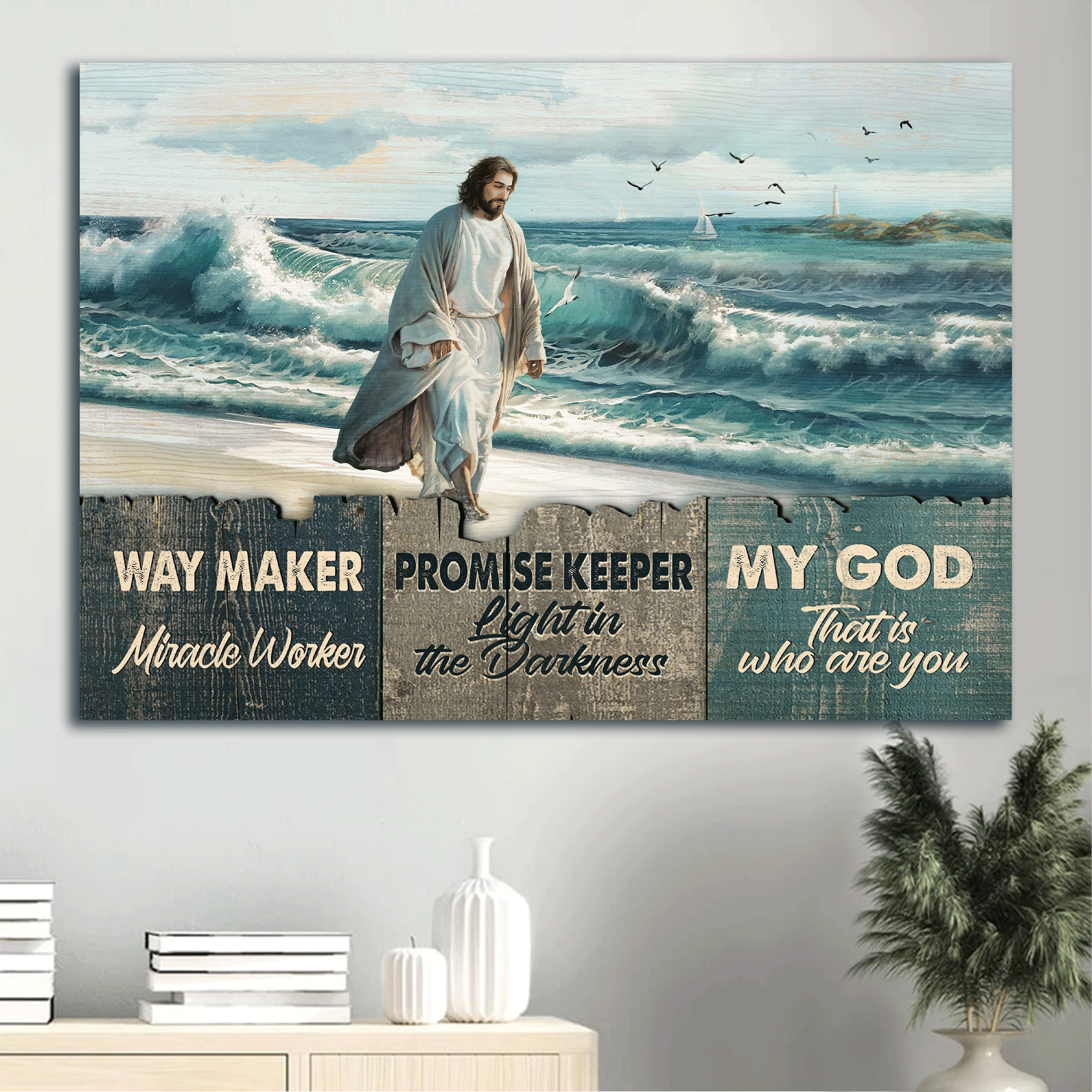 Jesus Landscape Canvas - Jesus Christ, Beach painting, Walking with Jesus canvas- Gift for Christian - Way maker, Miracle worker - Landscape Canvas Prints, Christian Wall Art