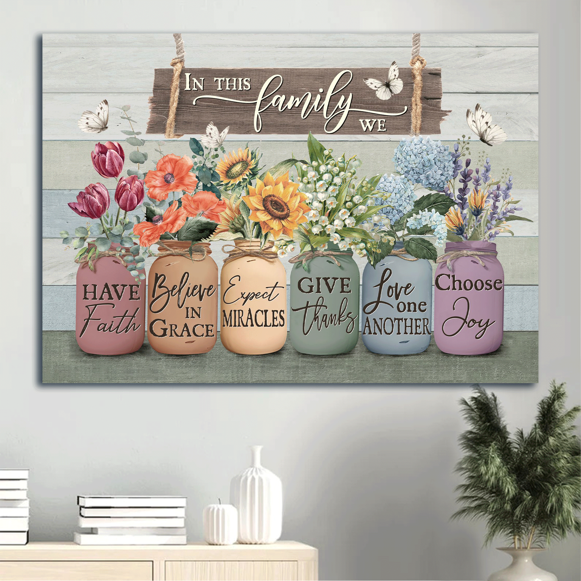 Jesus Landscape Canvas- Beautiful flowers, Sunflower, Tulip, Hydrangea, Bell flower canvas- Gift for Christian- In this family