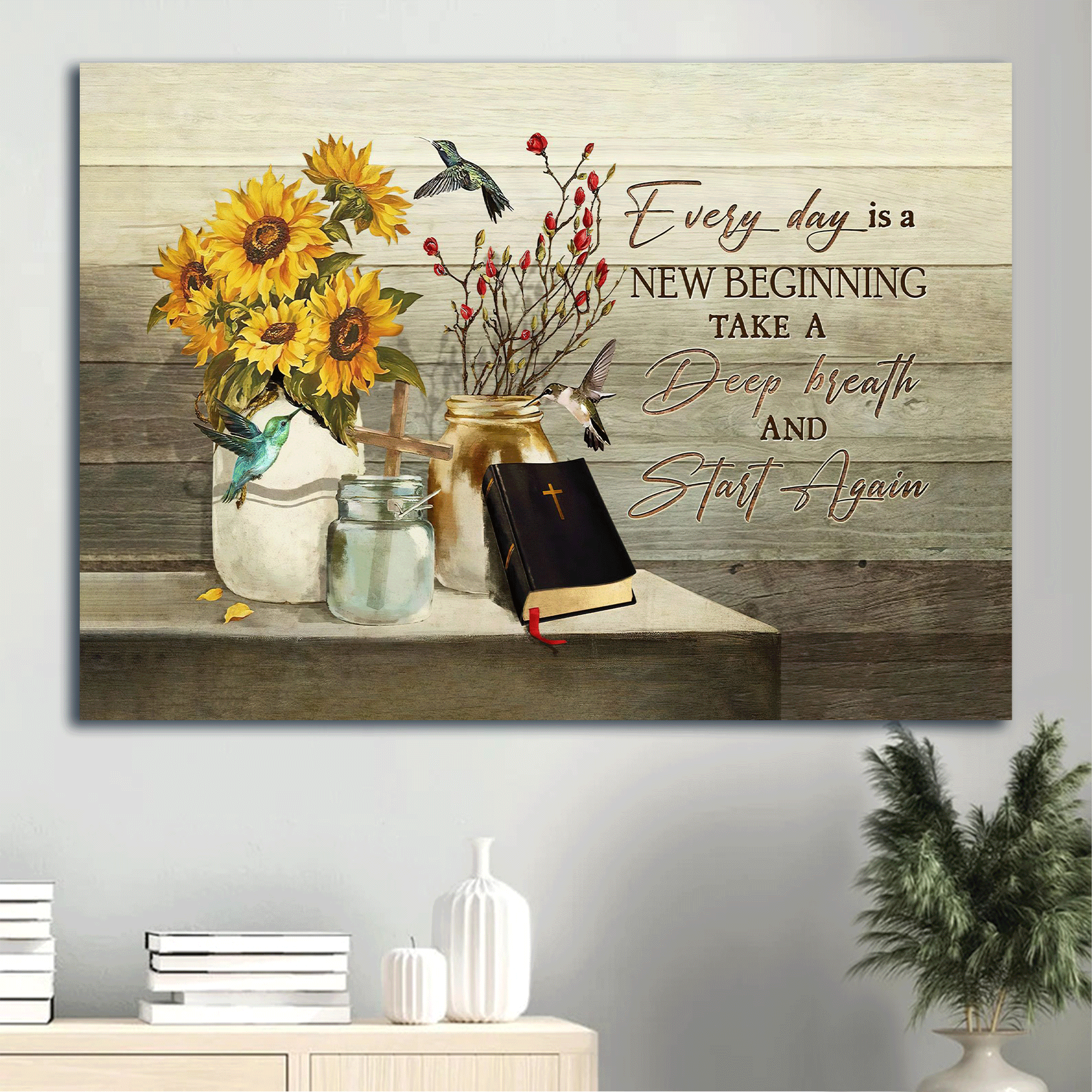 Jesus Landscape Canvas - Sunflower Painting, Wooden Cross, Bible Canvas - Gift For Christian - Every Day Is A New Beginning Canvas