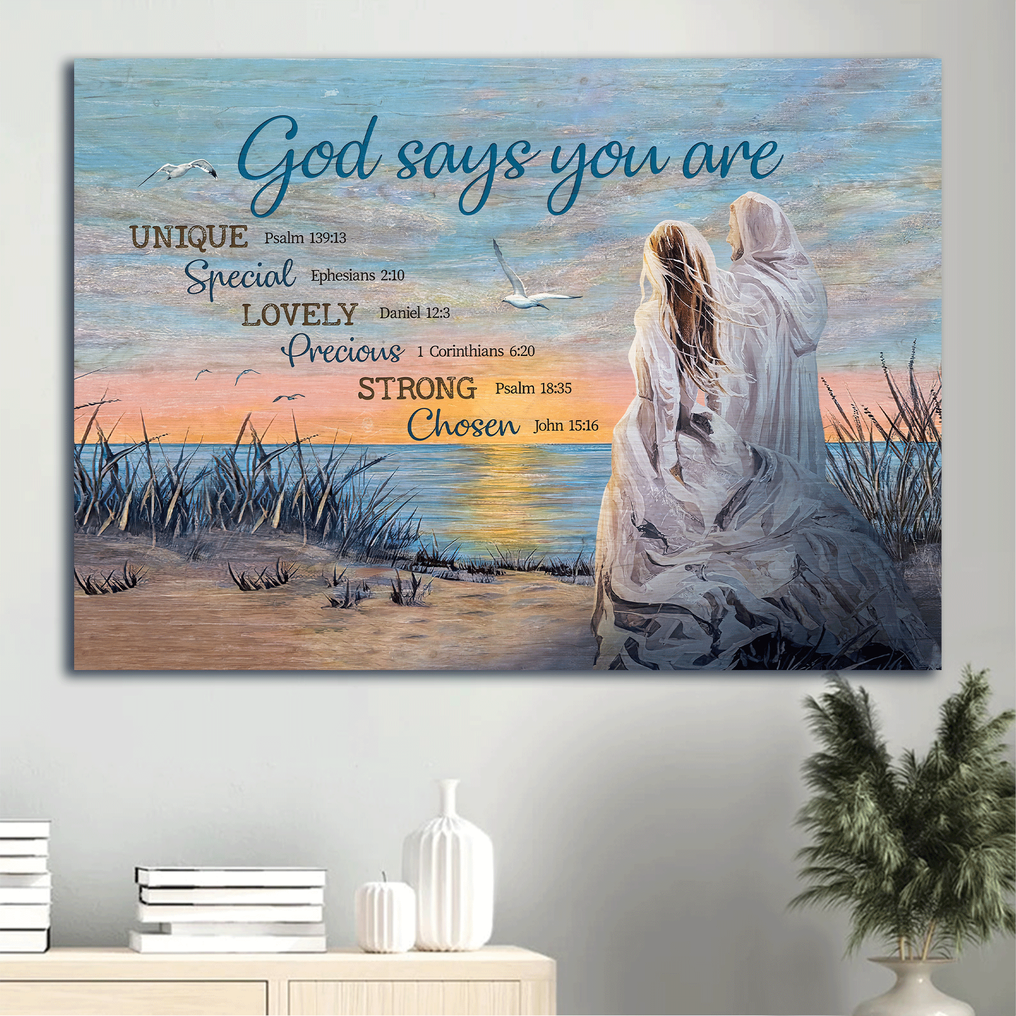 Jesus Landscape Canvas - Jesus painting, Beautiful girl walks with Jesus, By the seashore Landscape Canvas - Gift For Christian - God says you are Landscape Canvas