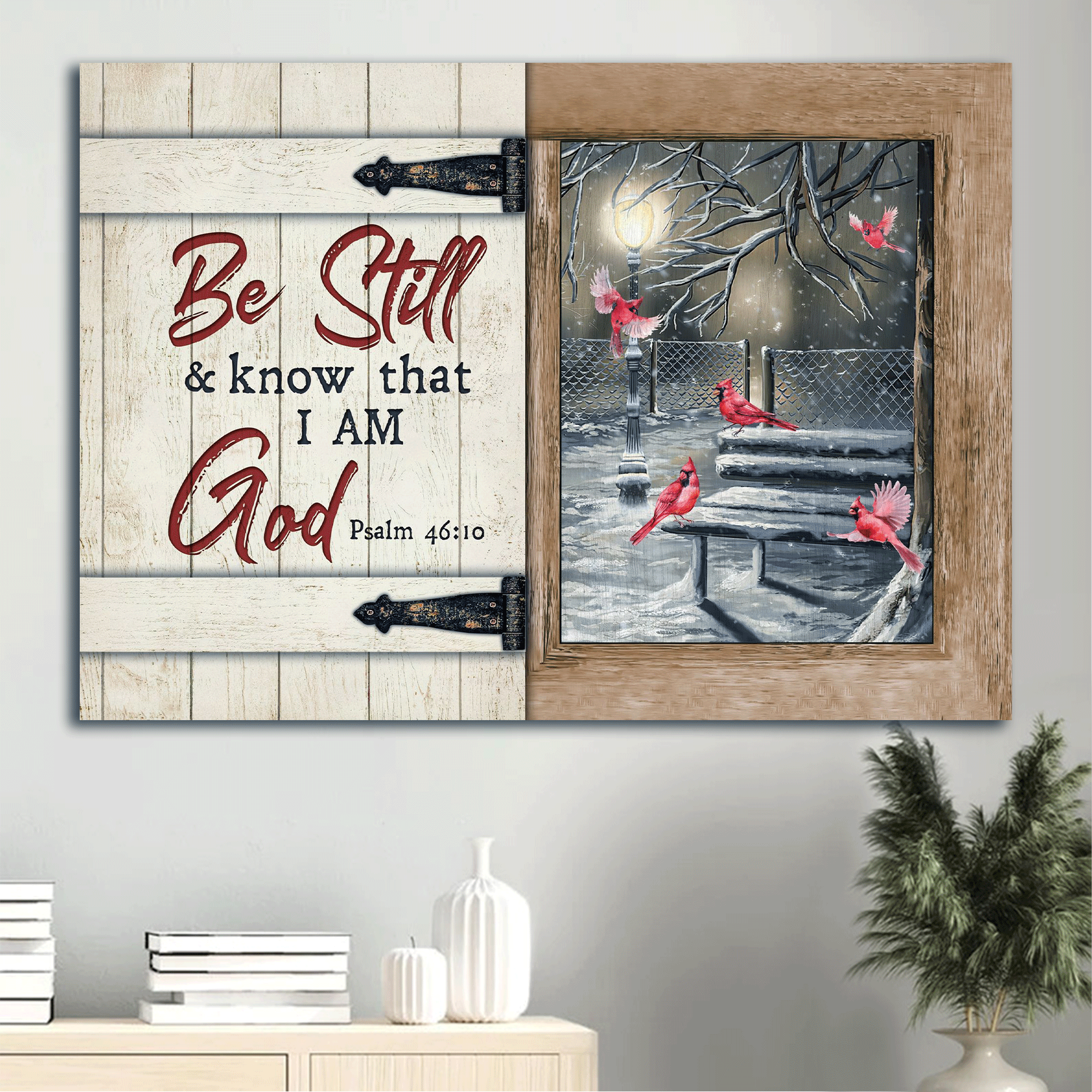 Jesus Landscape Canvas -Beautiful night, Snow drawing, Cardinal Landscape Canvas - Gift For Christian - Be still and know that I am God