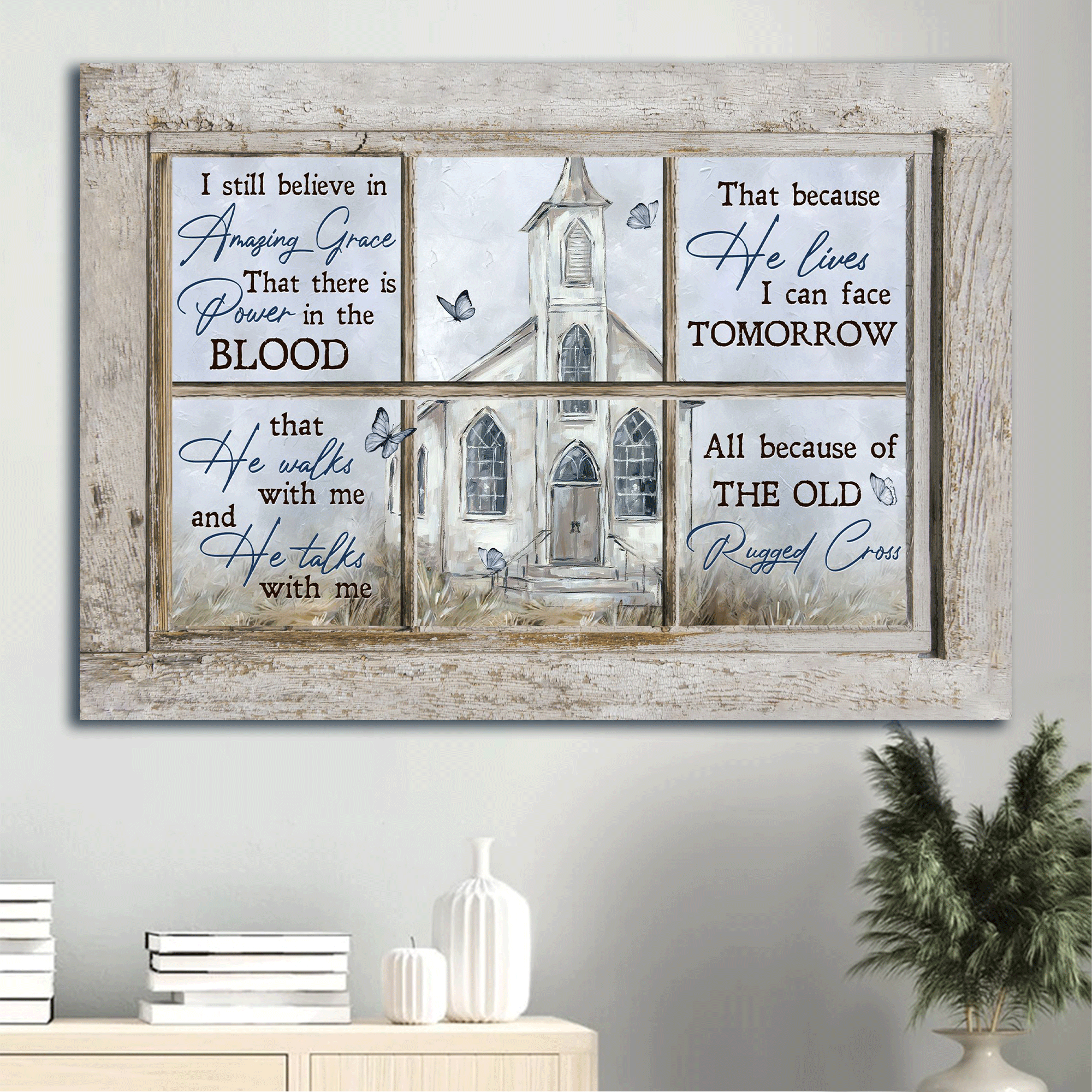 Jesus Landscape Canvas - Vintage Church, Blue Butterfly Canvas - Gift For Christian - I Still Believe In Amazing Grace Canvas