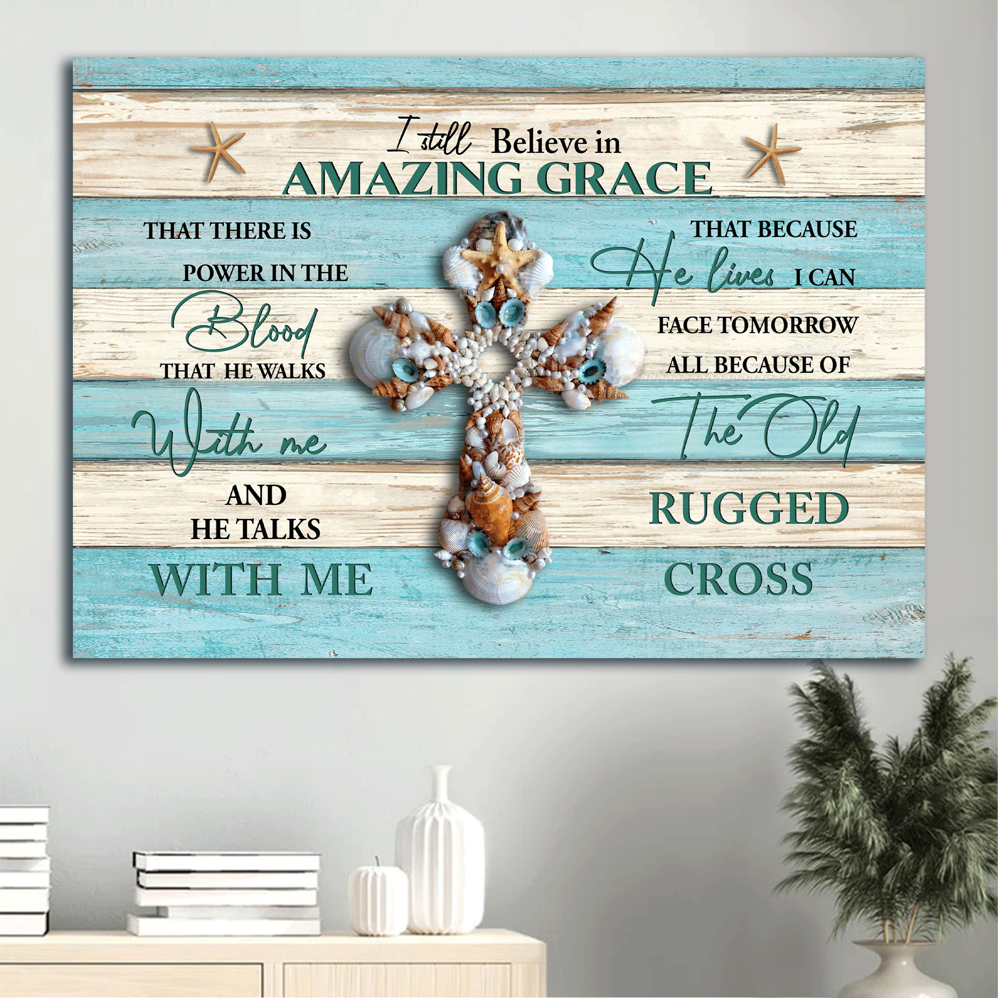 Jesus Landscape Canvas - Seashell cross- Gift for Christian- I still believe in amazing grace - Landscape Canvas Prints, Wall Art