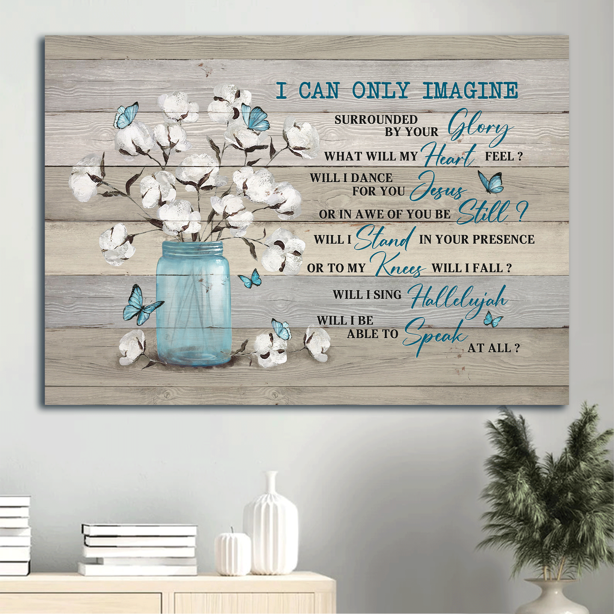 Jesus Landscape Canvas- Blue butterfly, Cotton flower painting canvas- Gift for Christian- I can only imagine - Landscape Canvas Prints, Wall Art