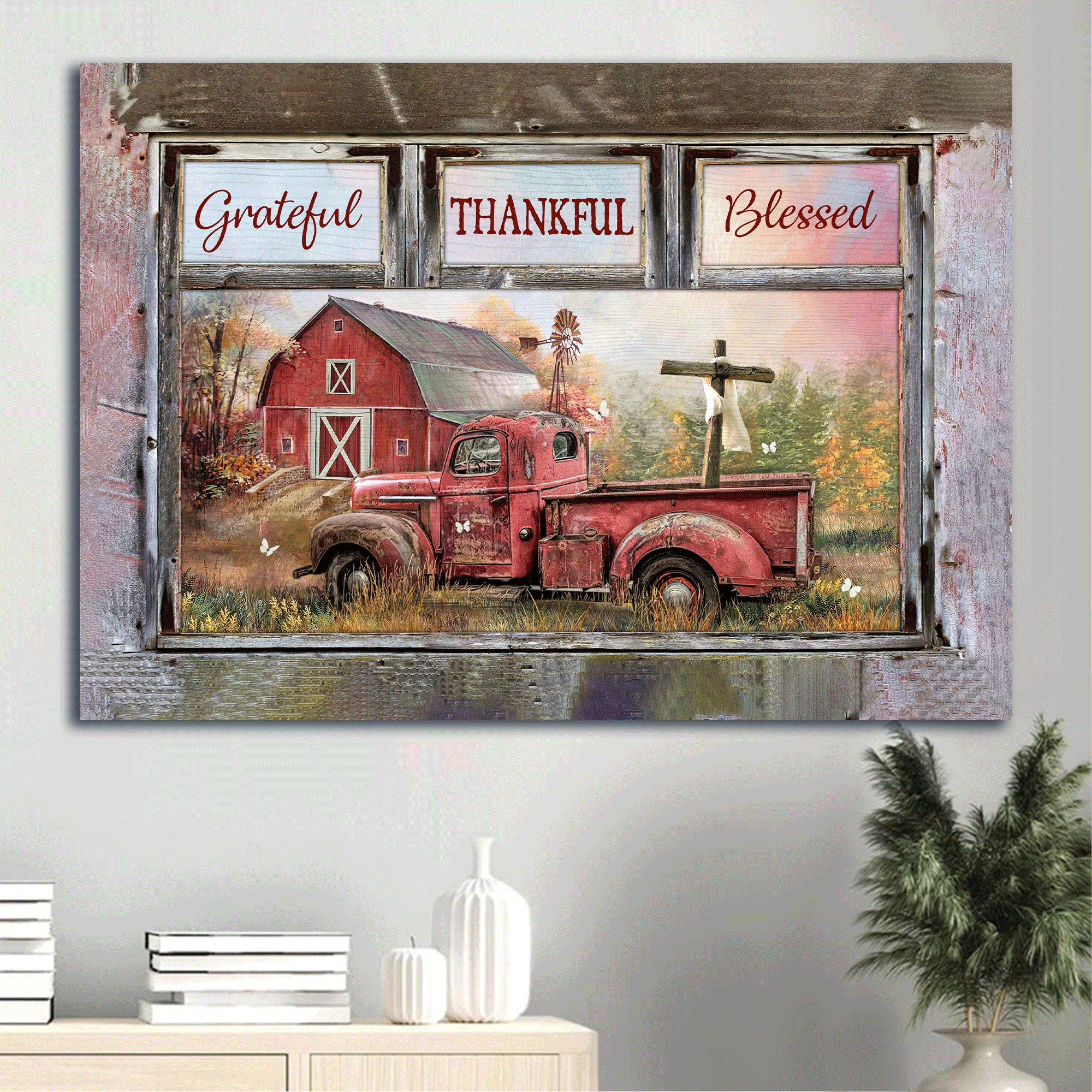 Jesus Landscape Canvas - Old red truck, Red barn, Old rugged cross Landscape Canvas - Gift For Christian - Grateful, thankful, blessed Landscape Canvas