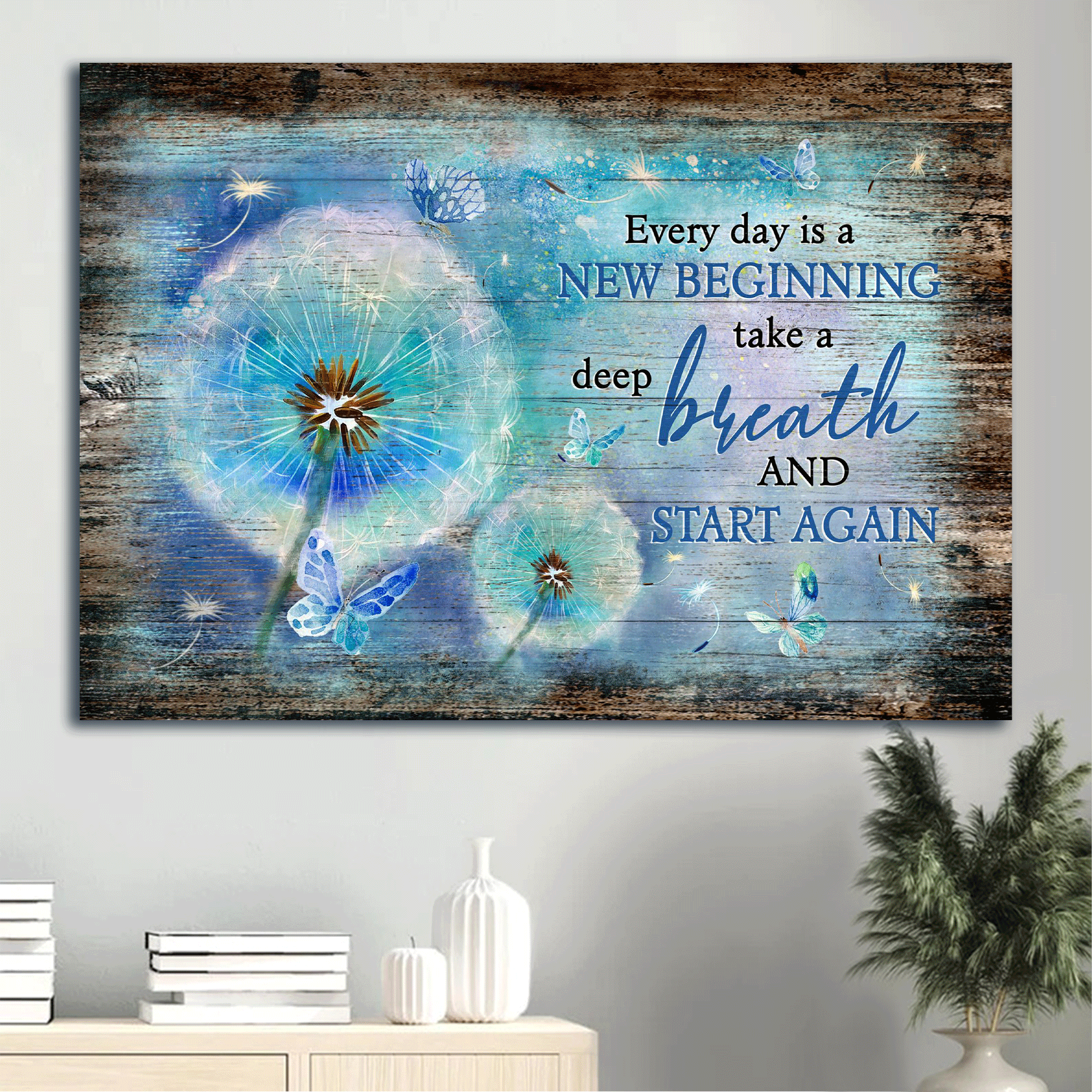 Jesus Landscape Canvas- Blue butterfly, Dandelion canvas- Gift for Christian- Every day is a new beginning - Landscape Canvas Prints, Wall Art