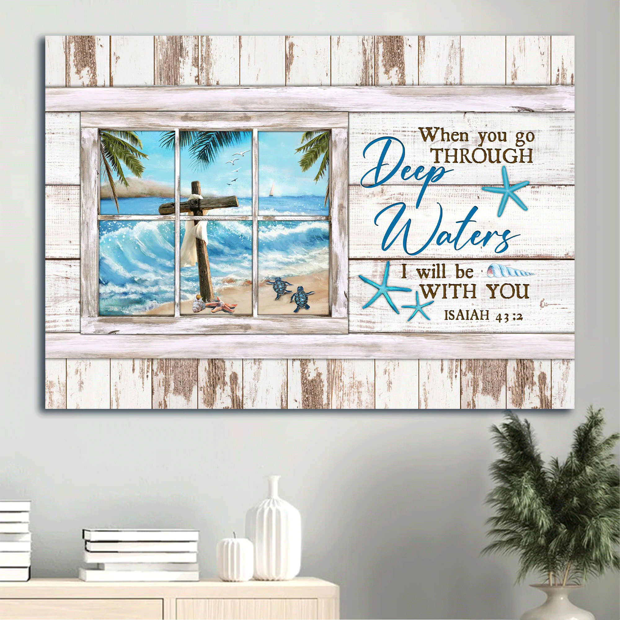 Jesus Landscape Canvas- Cross, Ocean, Sea turtle- Gift for Christian - When you go through deep water, I will be with you - Landscape Canvas Prints, Wall Art