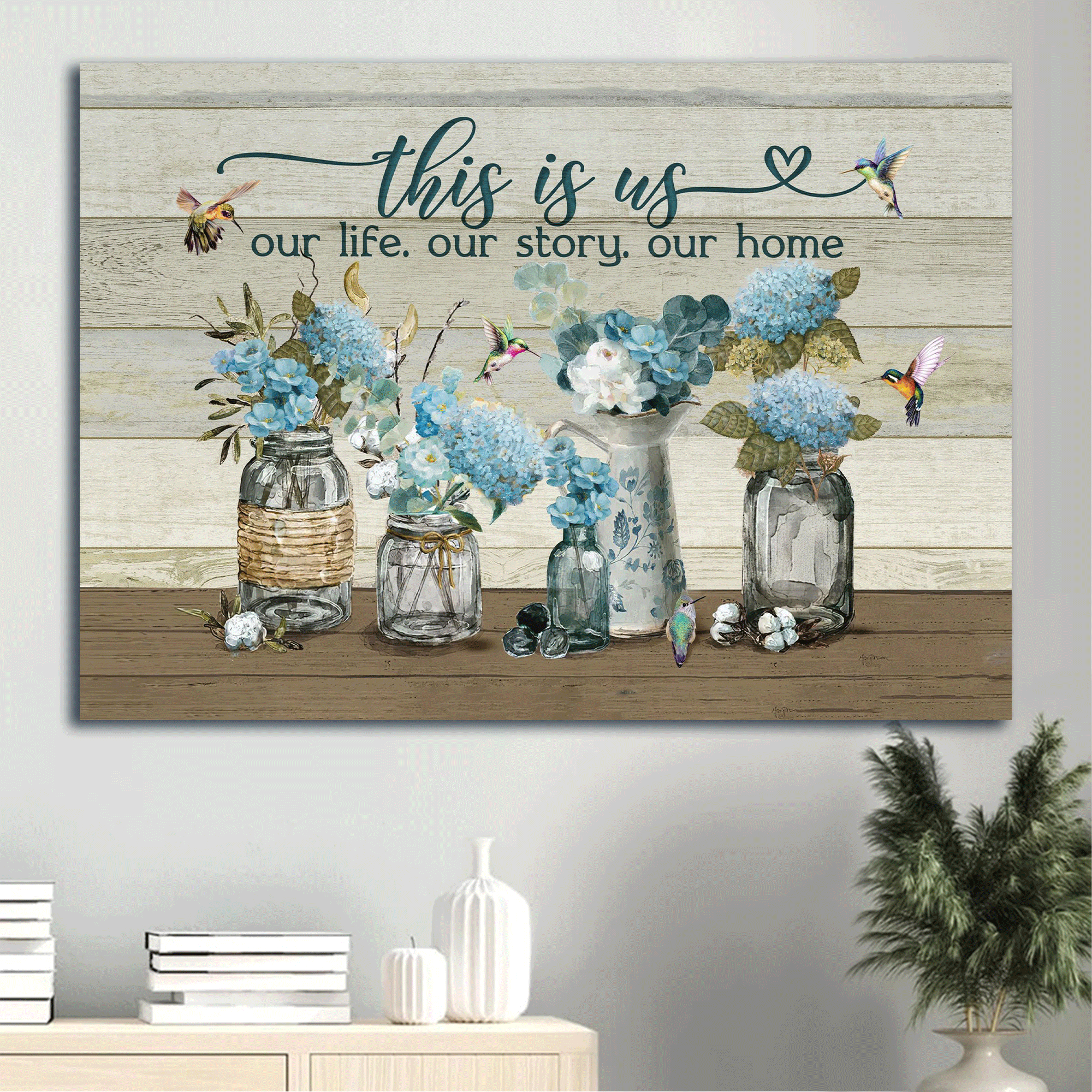 Jesus Landscape Canvas - Blue flower painting, Colorful hummingbird Landscape Canvas - Gift For Christian - This is us, Our life, Our story Landscape Canvas