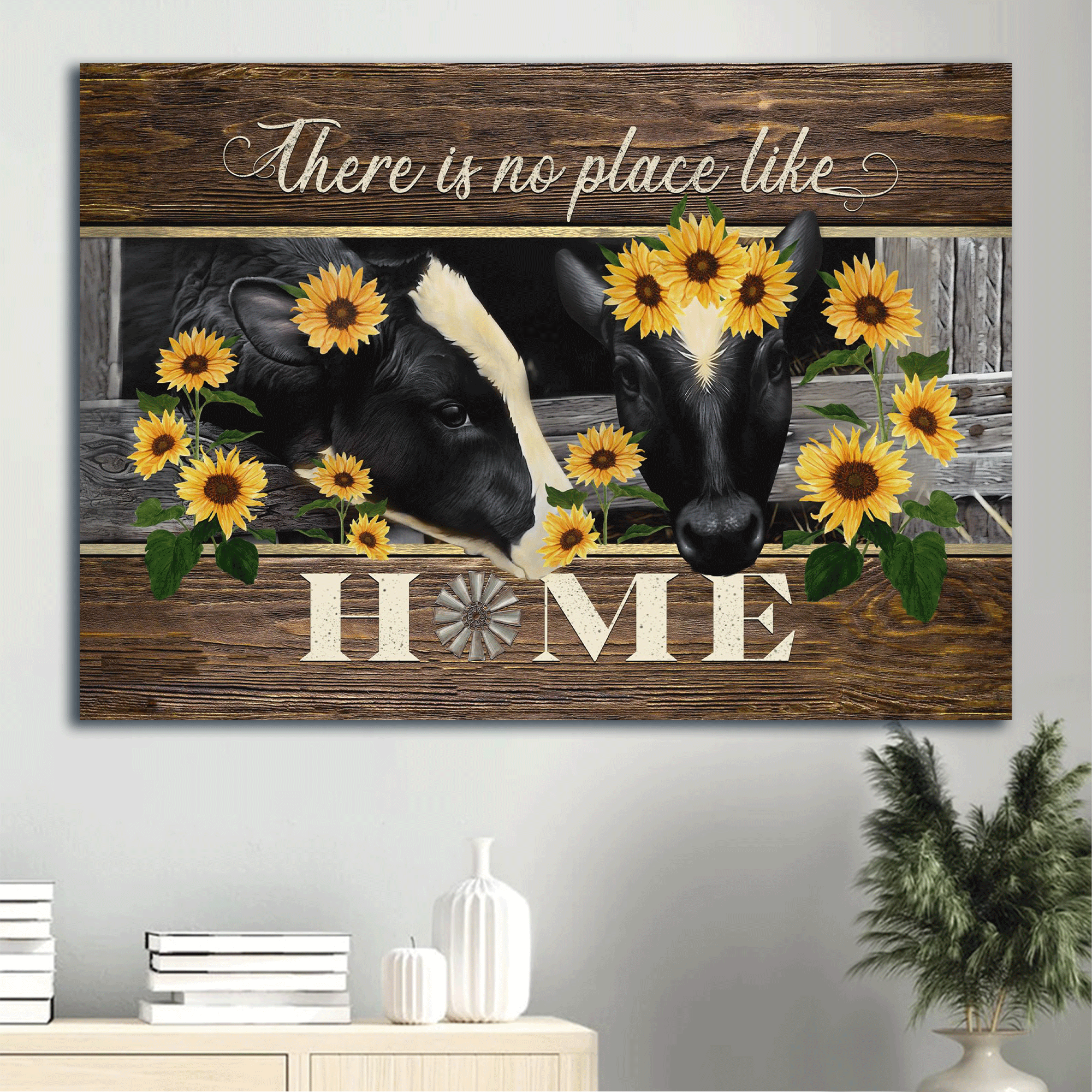 Jesus Landscape Canvas- Black cow, Sunflower garden, Windmill canvas- Gift for Christian- There is no place like home - Landscape Canvas Prints, Christian Wall Art