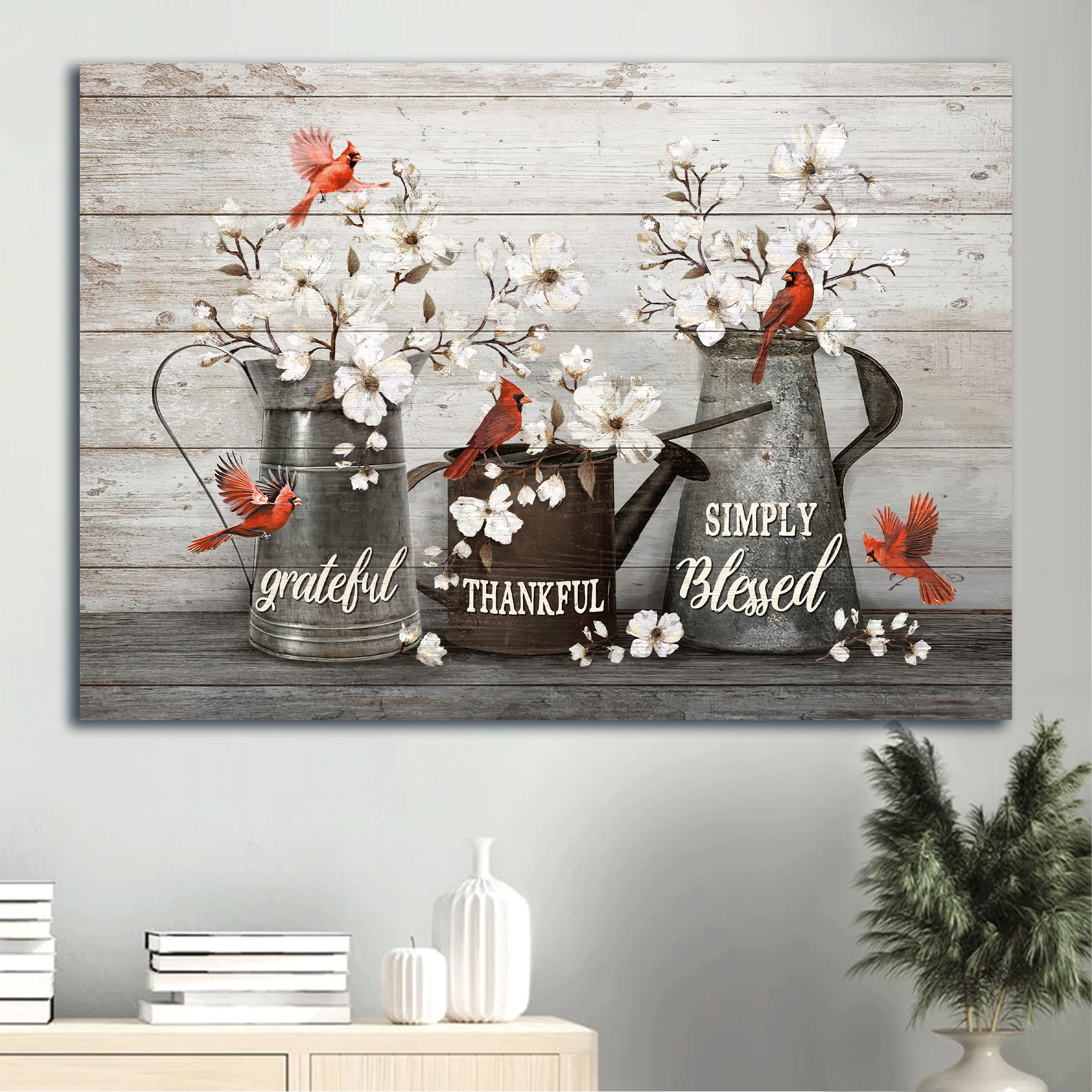 Jesus Landscape Canvas - Beautiful white flowers, Red cardinals, Water pots Landscape Canvas - Gift For Christian - Simply blessed