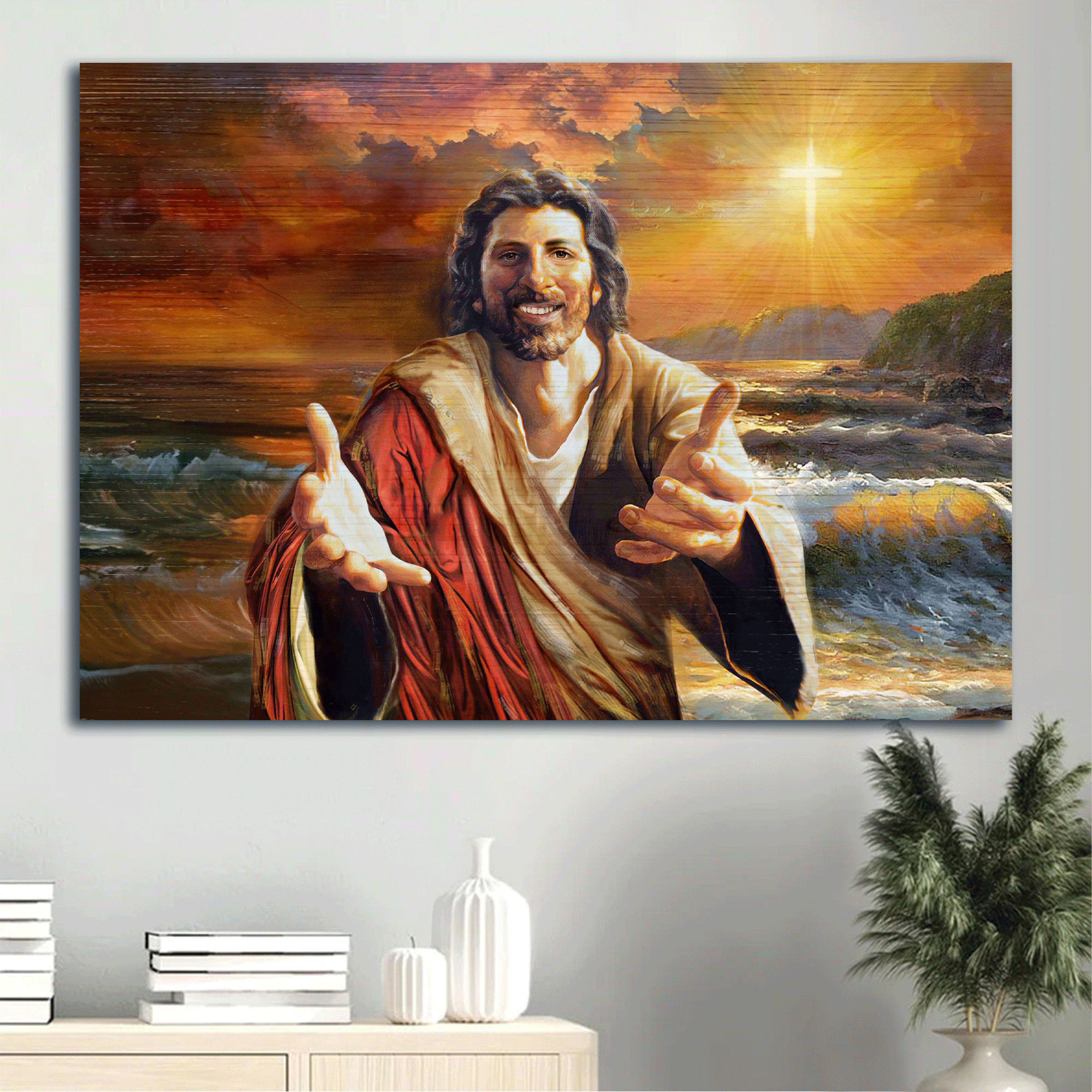 Jesus Landscape Canvas - Ocean Painting, The beautiful sunset, Come unto Christ Landscape Canvas - Gift For Christian Landscape Canvas