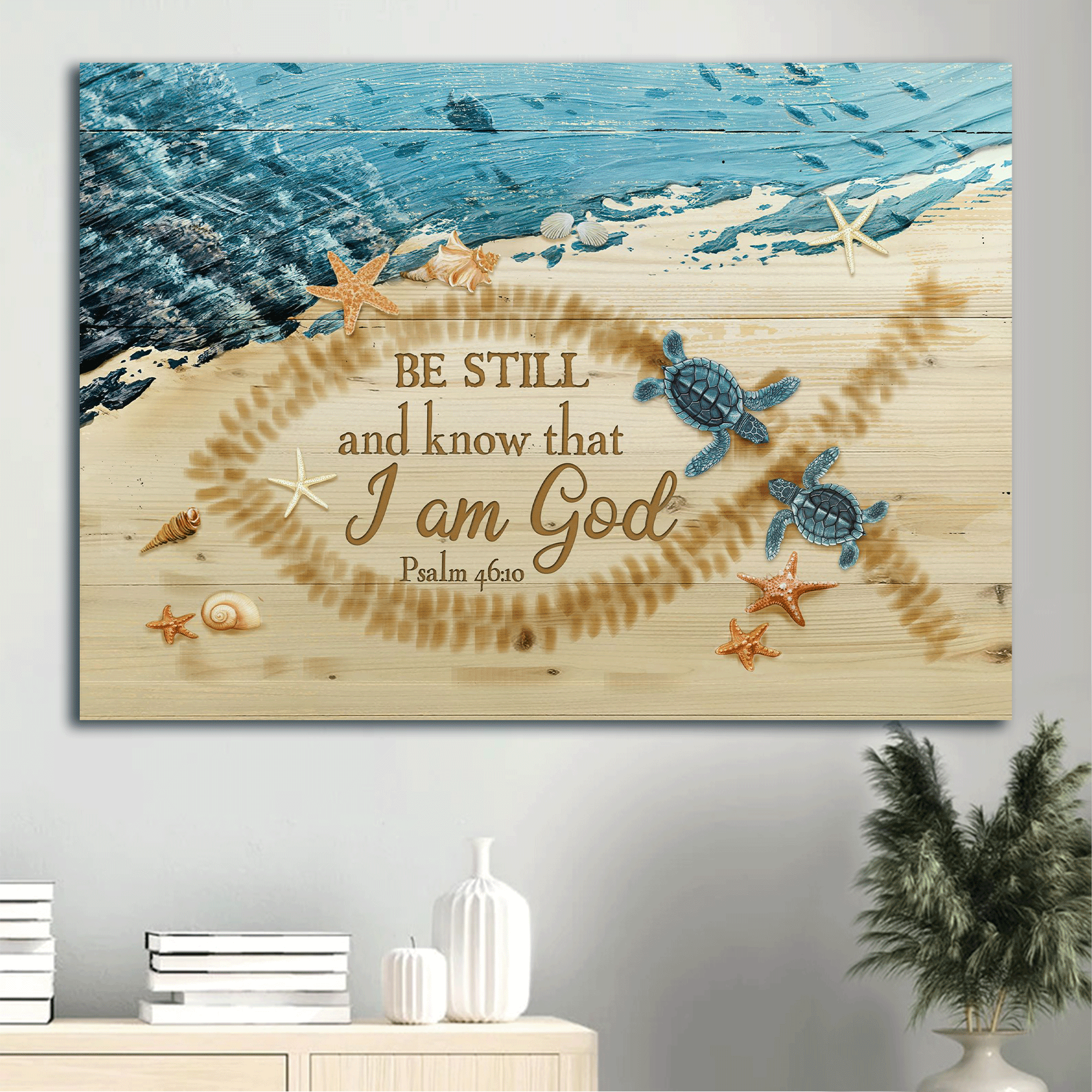 Jesus Landscape Canvas- Beach Painting, Couple Sea Turtle, Starfish, Conch Canvas- Gift For Christian- Be Still And Know That I Am God