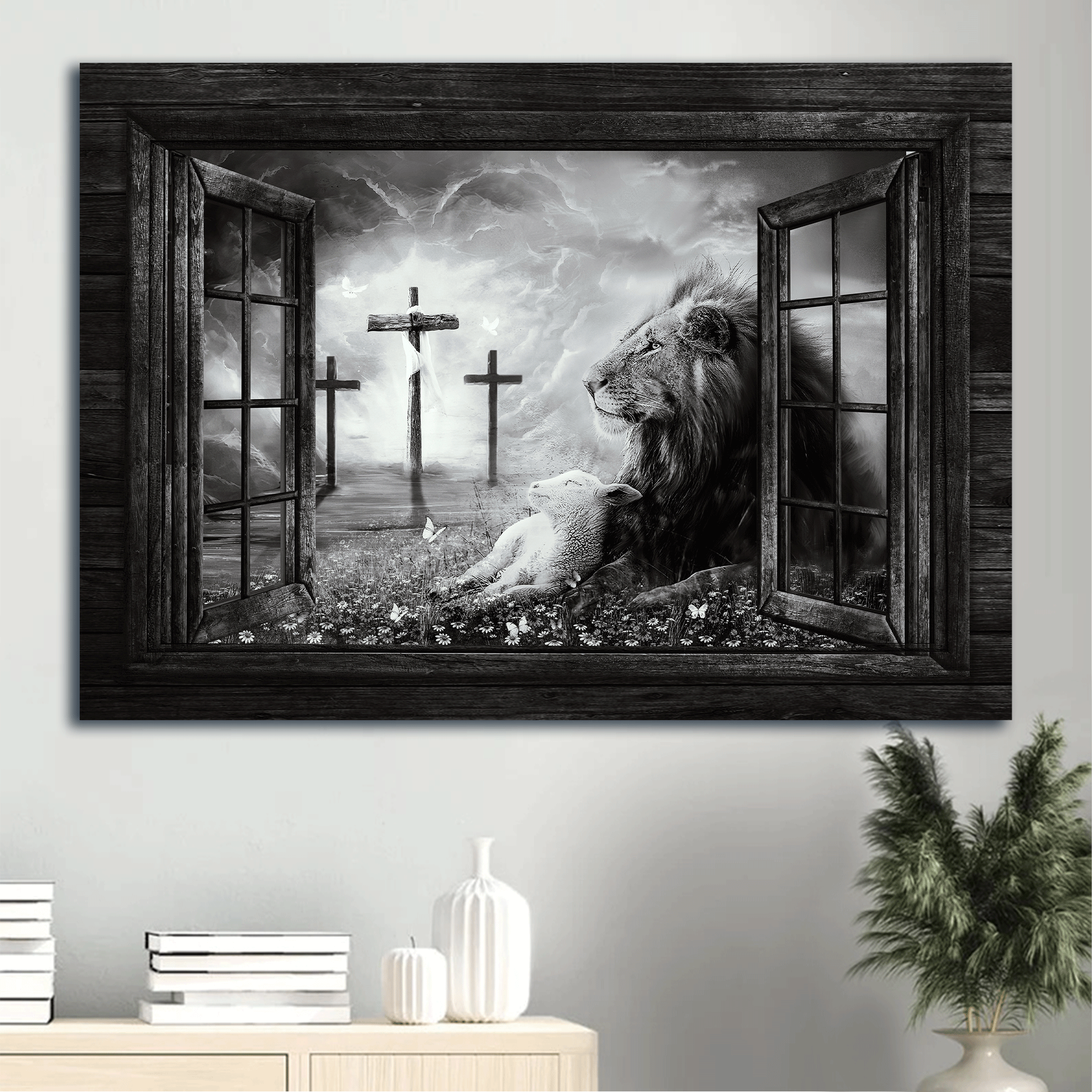 Jesus Landscape Canvas- Black and White Lion of Judah, Lamb of God, Three rugged crosses- Gift for Christian- On a peaceful day - Landscape Canvas Prints, Wall Art