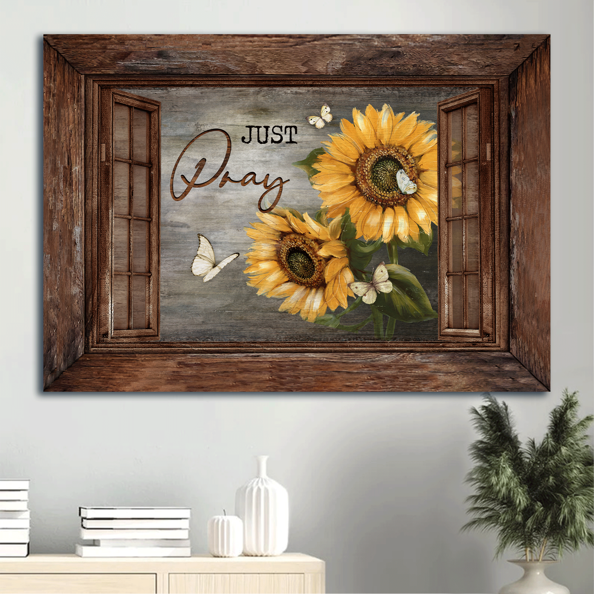 Jesus Landscape Canvas - Big sunflower, Vintage window, Pretty butterfly Landscape Canvas - Gift For Christian - Just pray Landscape Canvas