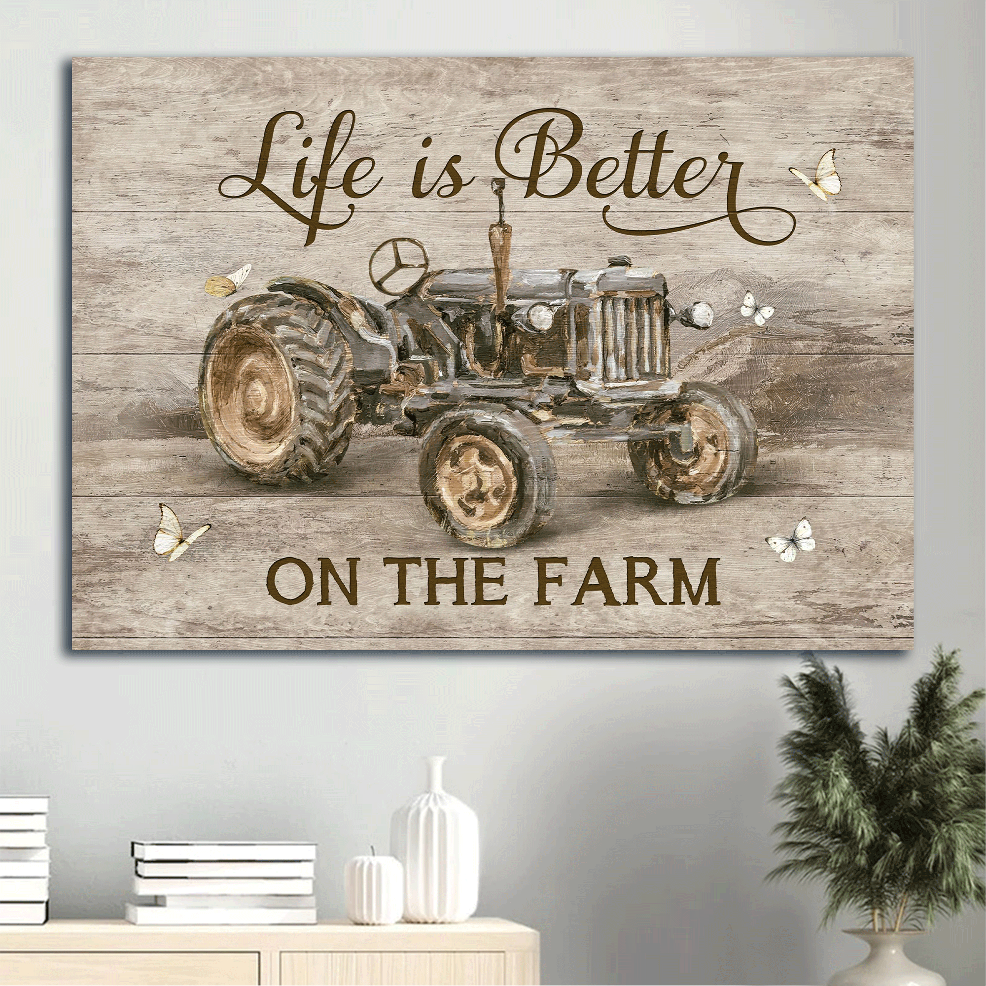 Jesus Landscape Canvas -Antique tractor, Farm drawing, White butterfly Landscape Canvas - Gift For Christian - Life is better on the farm