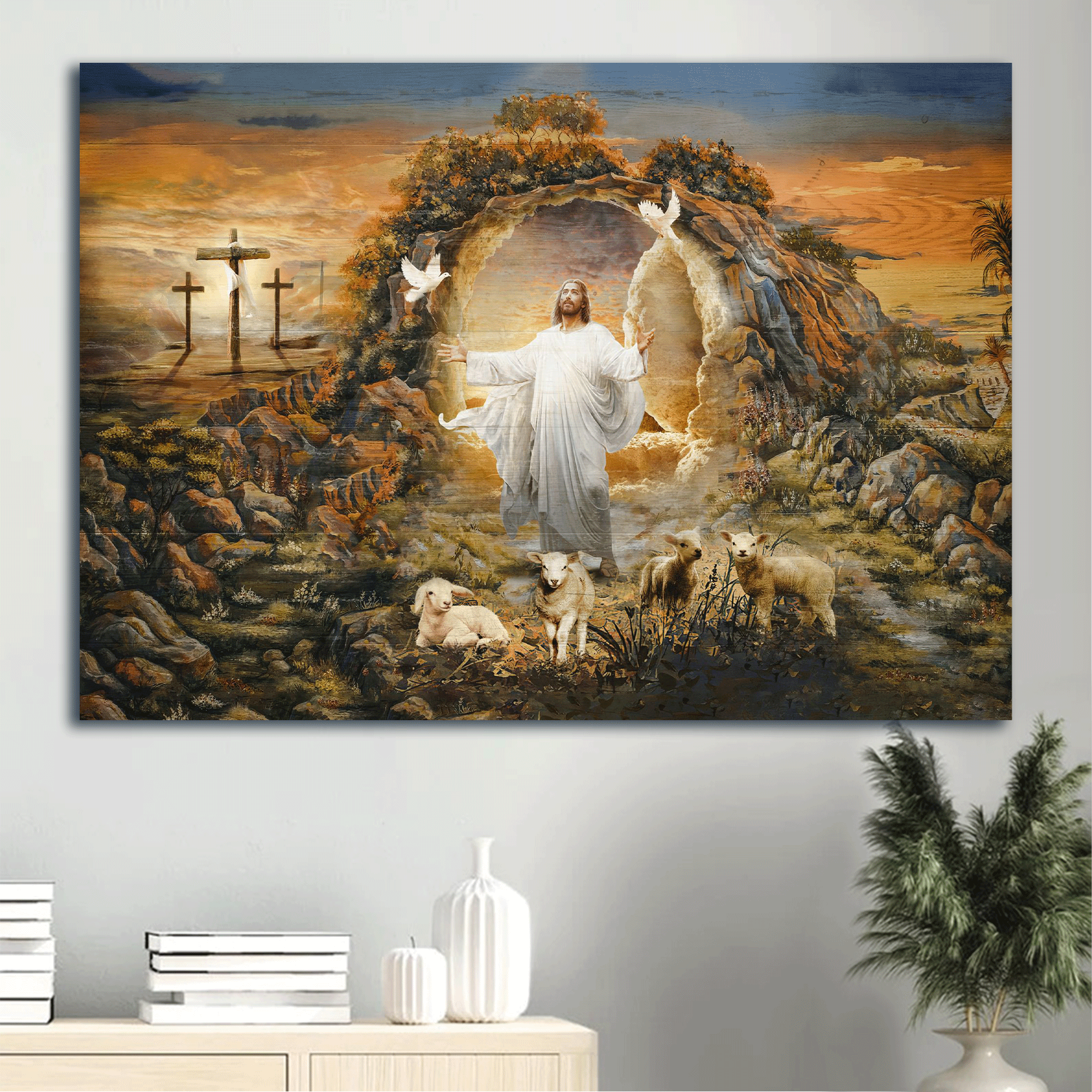 Jesus Landscape Canvas - Lambs of God, Door to heaven, Jesus painting, The peaceful place Canvas - Gift For Christian